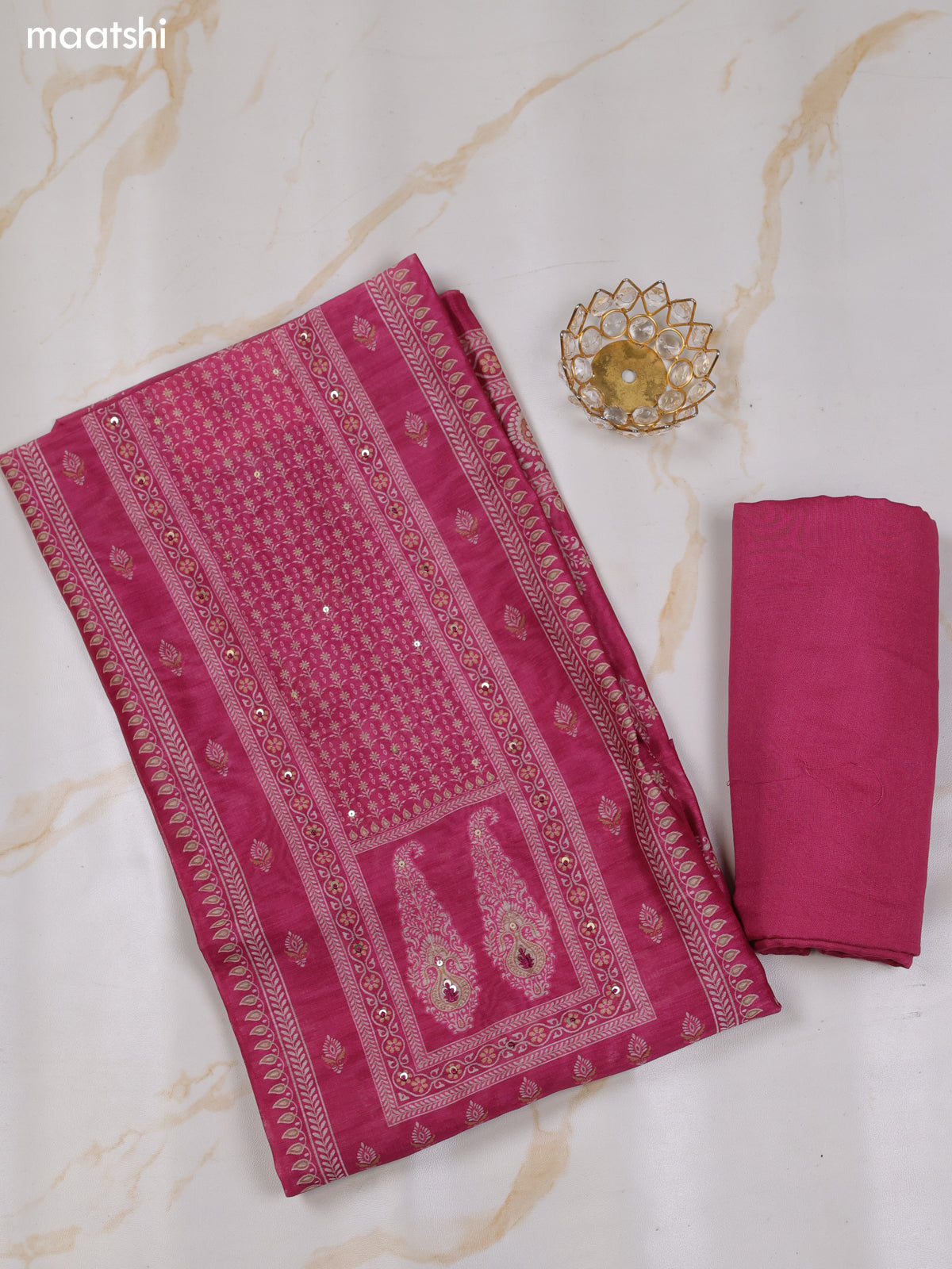 Pink Chanderi Dress Material With Floral Butta Prints & Simple Embroidery Work Neck Pattern and Bottom & Dupatta