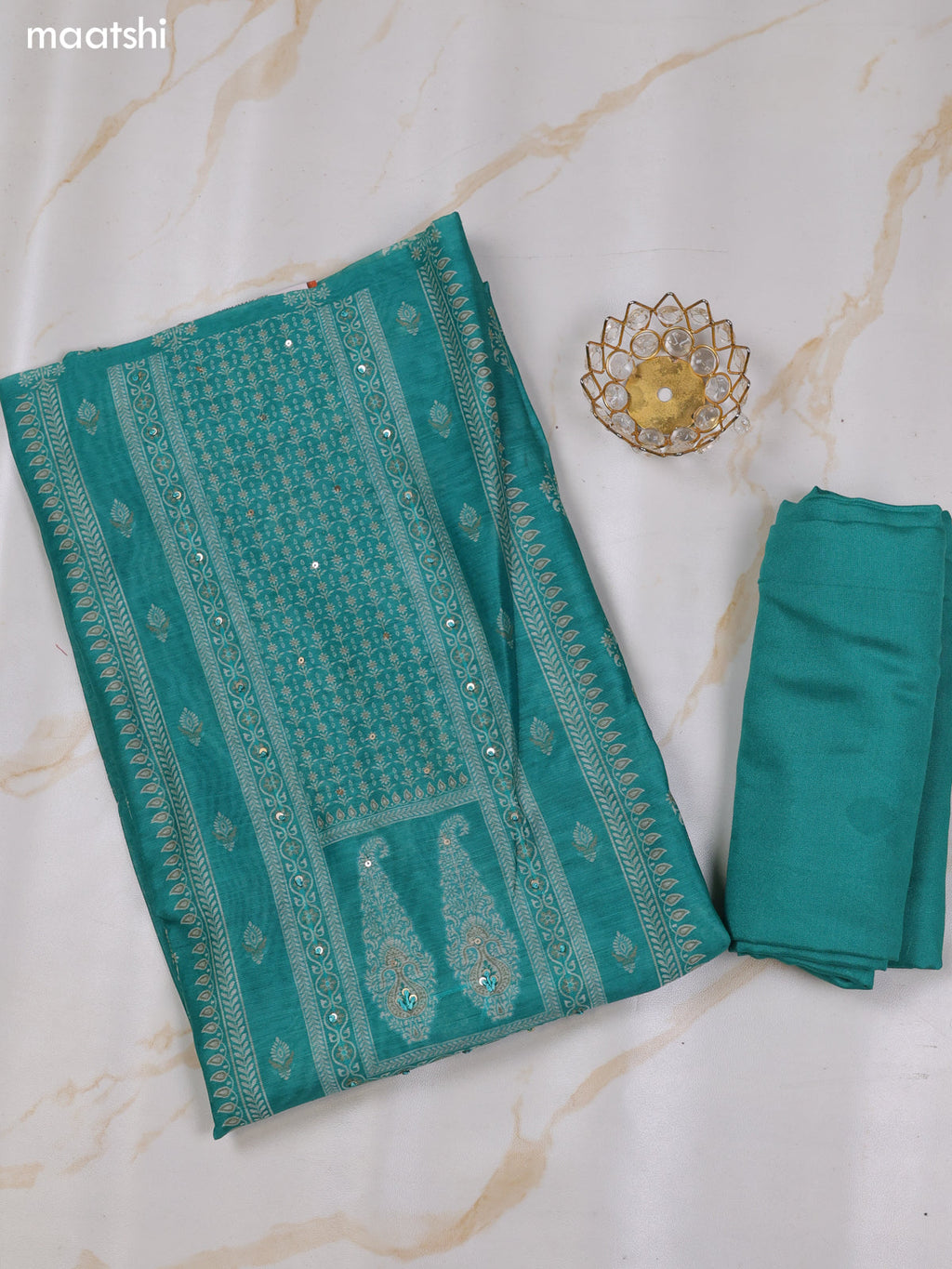 Teal Green Chanderi Dress Material With Floral Butta Prints & Simple Embroidery Work Neck Pattern and Bottom & Dupatta