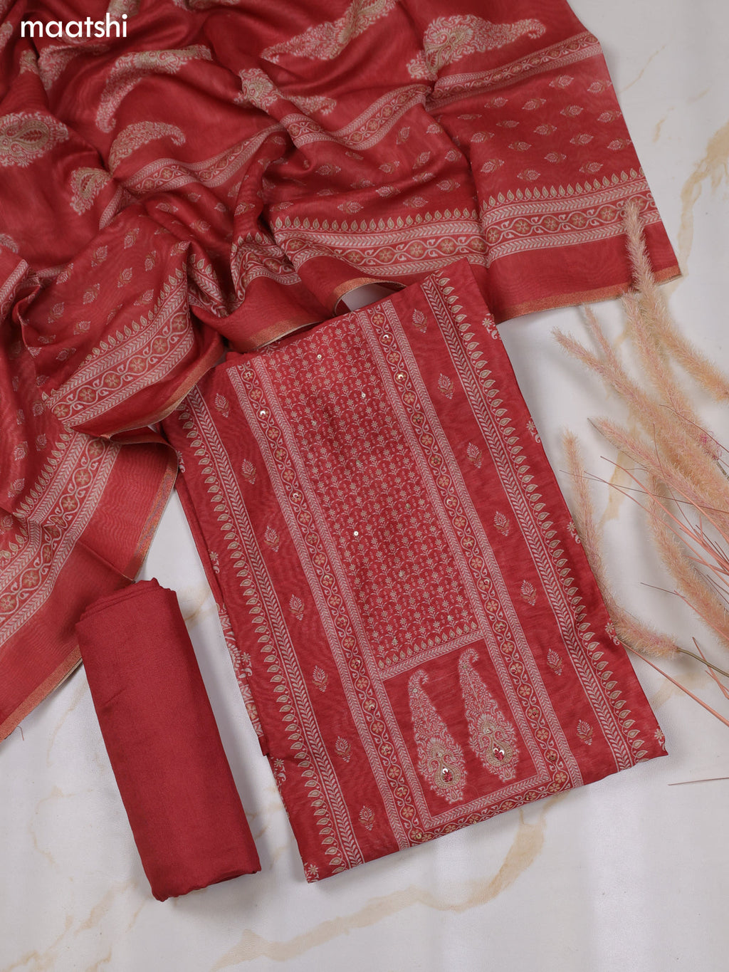 Rust Chanderi Dress Material With Floral Butta Prints & Simple Embroidery Work Neck Pattern and Bottom & Dupatta