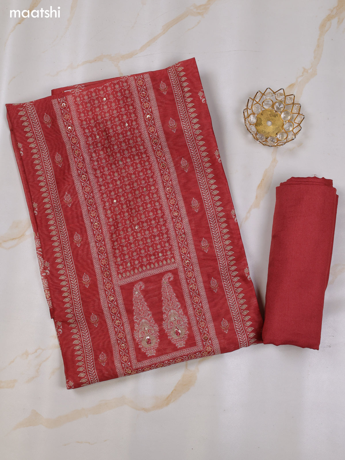 Rust Chanderi Dress Material With Floral Butta Prints & Simple Embroidery Work Neck Pattern and Bottom & Dupatta