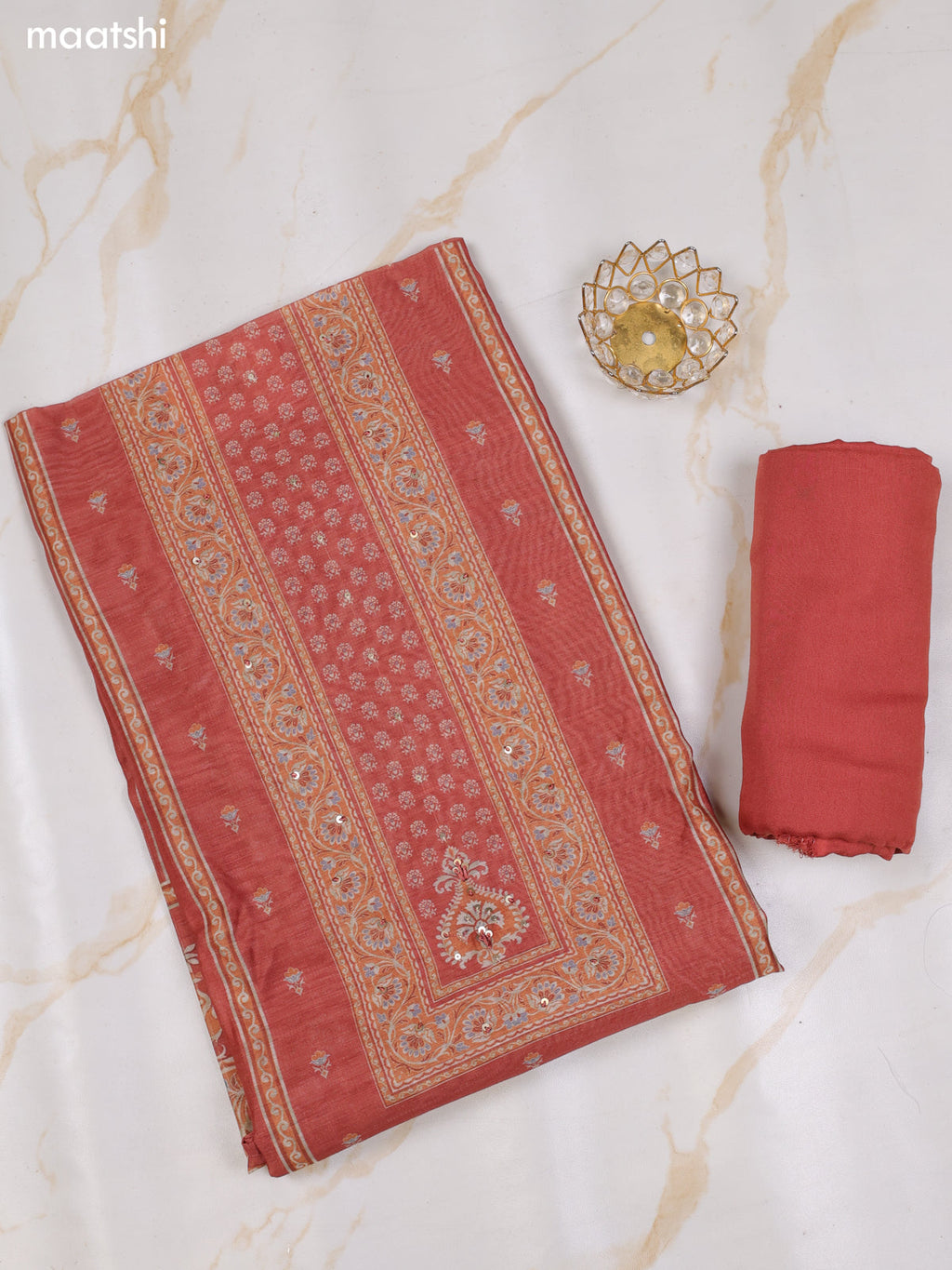 Rust Shade Chanderi Dress Material With Allover Floral Prints & Simple Embroidery Work Neck Pattern and Bottom & Dupatta