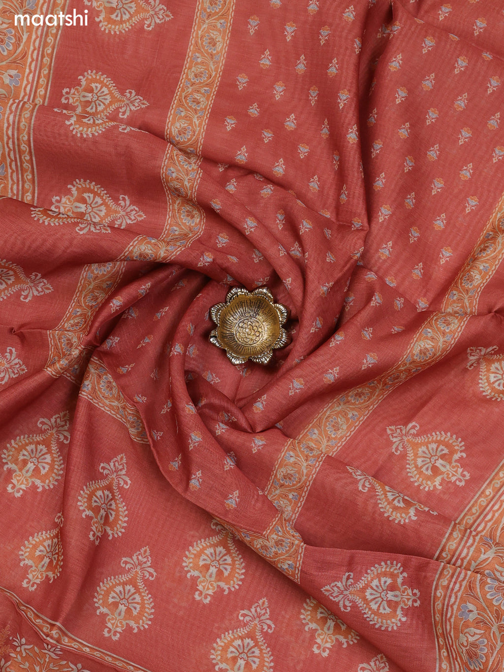 Rust Shade Chanderi Dress Material With Allover Floral Prints & Simple Embroidery Work Neck Pattern and Bottom & Dupatta