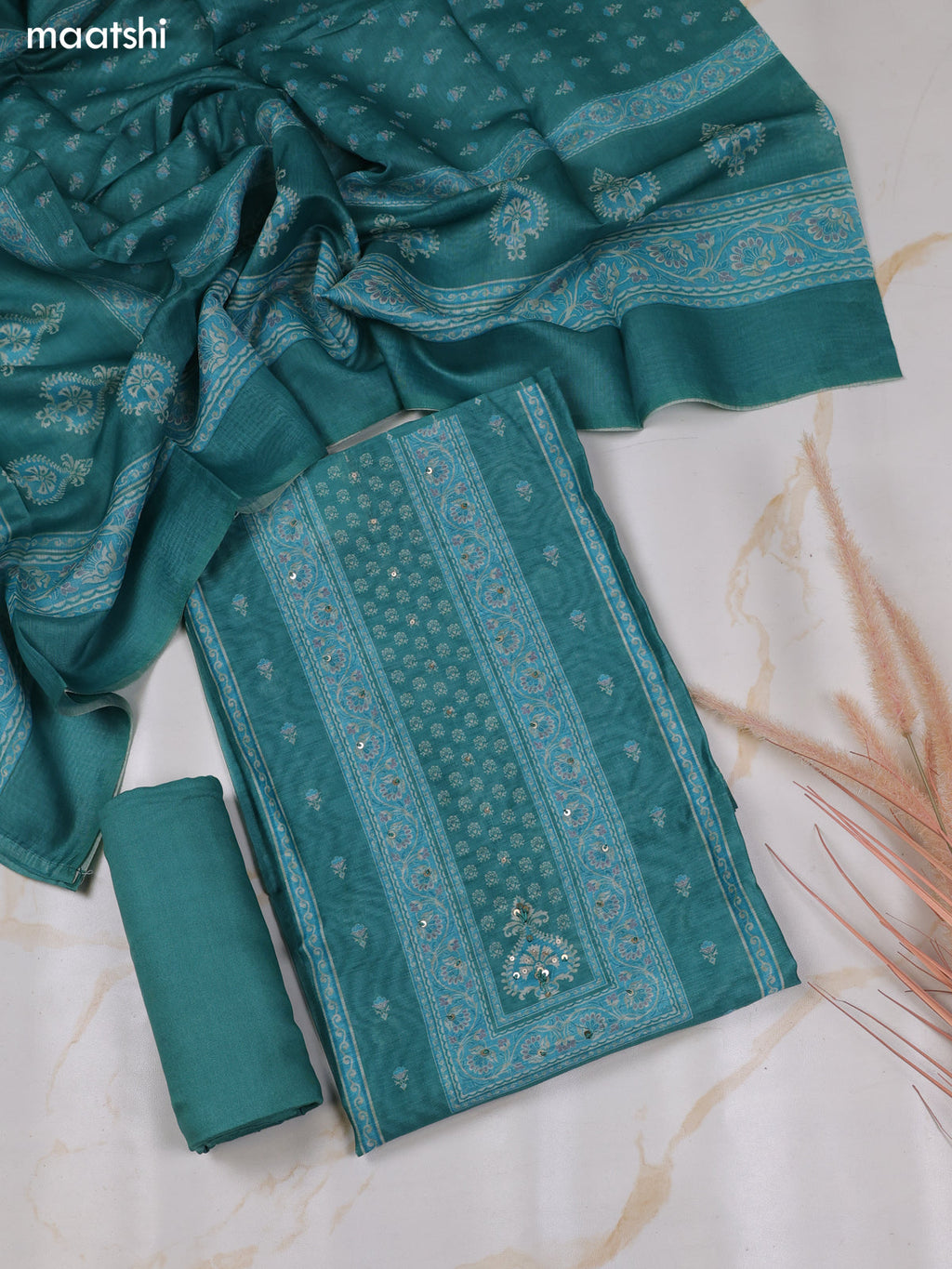 Teal Green Chanderi Dress Material With Allover Floral Prints & Simple Embroidery Work Neck Pattern and Bottom & Dupatta