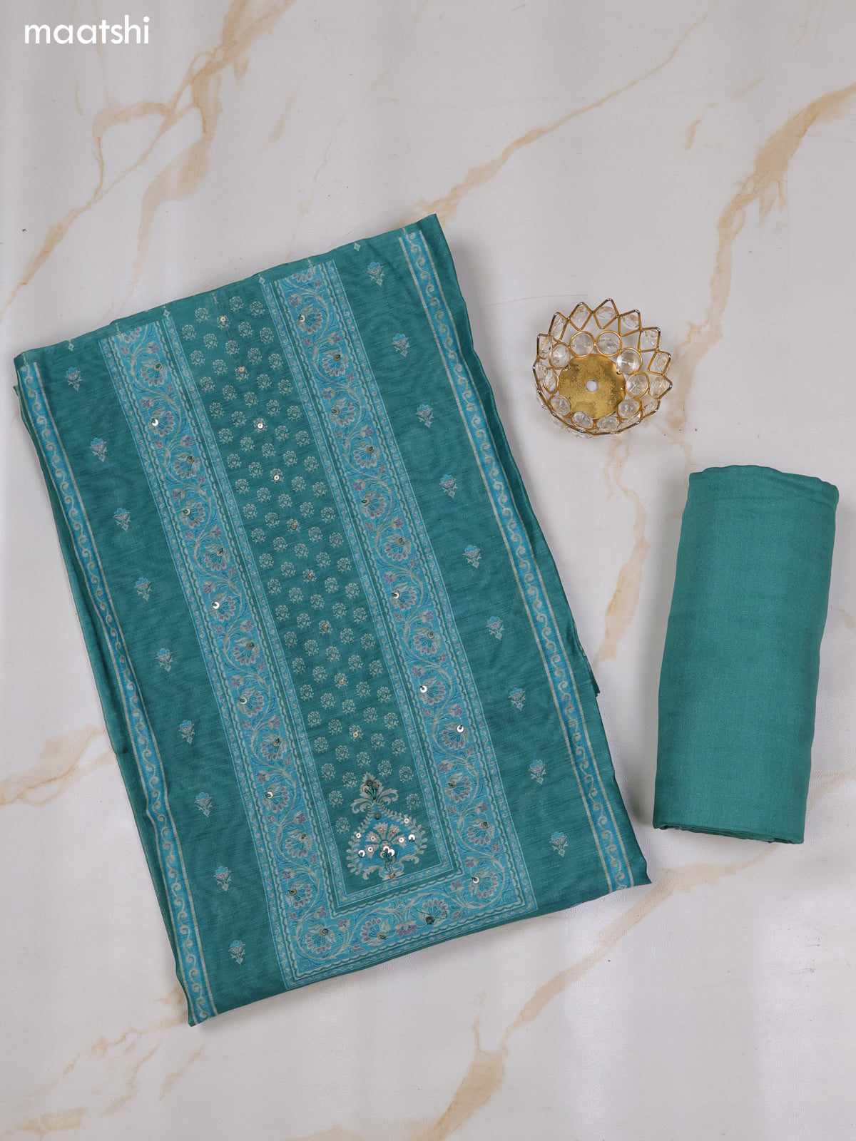 Teal Green Chanderi Dress Material With Allover Floral Prints & Simple Embroidery Work Neck Pattern and Bottom & Dupatta