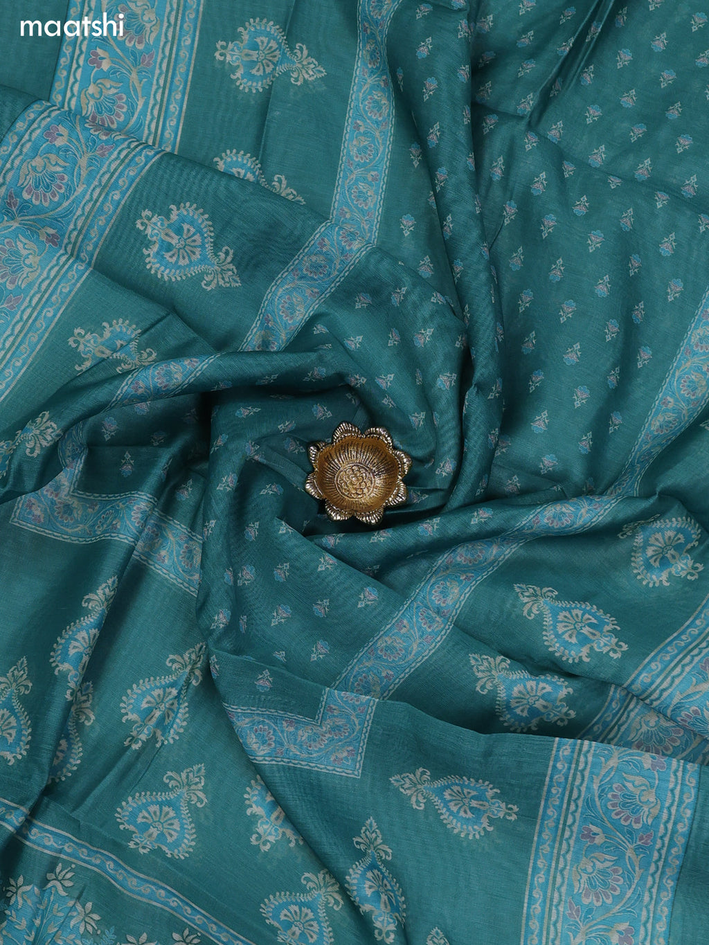 Teal Green Chanderi Dress Material With Allover Floral Prints & Simple Embroidery Work Neck Pattern and Bottom & Dupatta