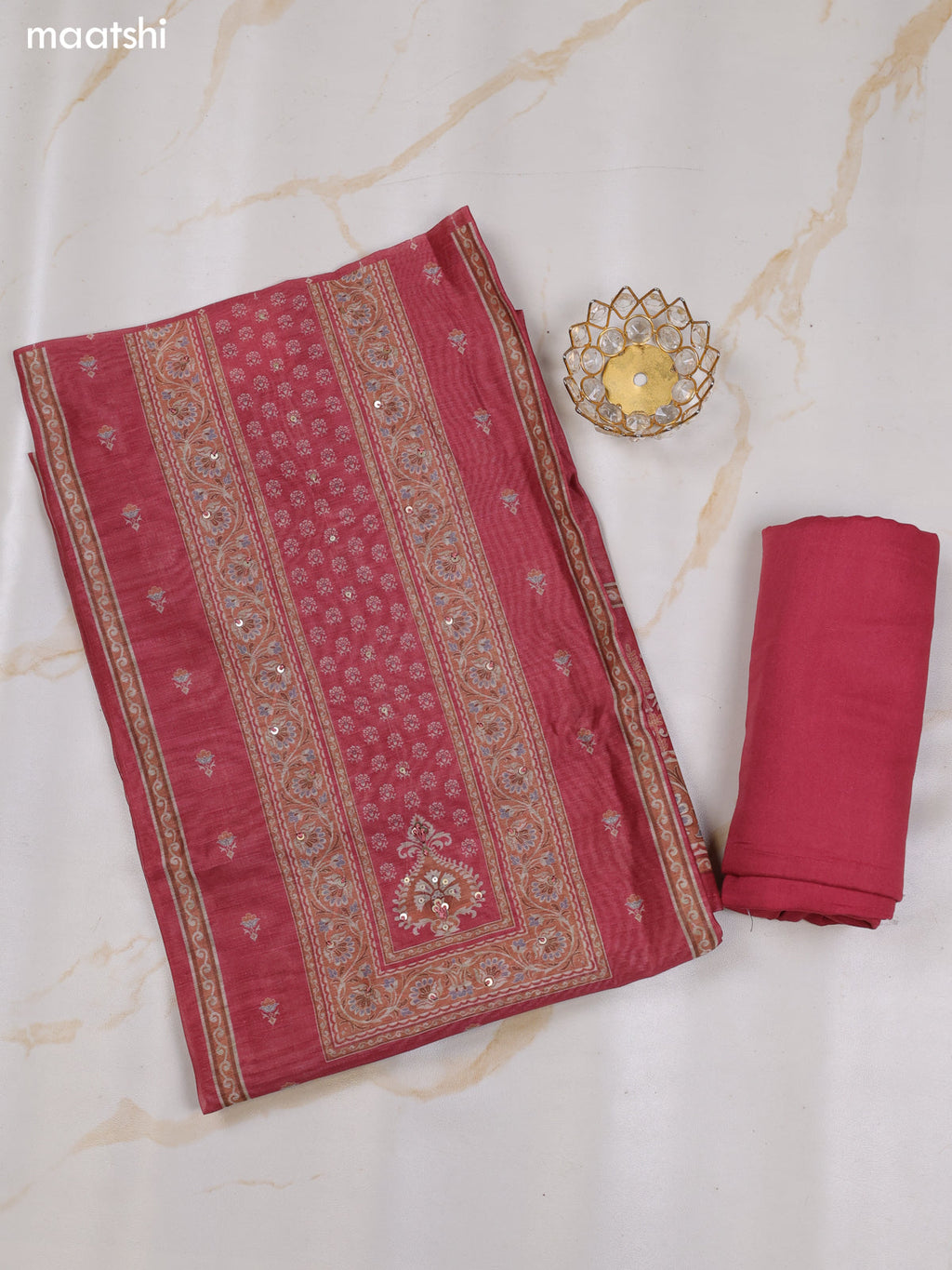 Dark Mauve Pink Chanderi Dress Material With Allover Floral Prints & Simple Embroidery Work Neck Pattern and Bottom & Dupatta