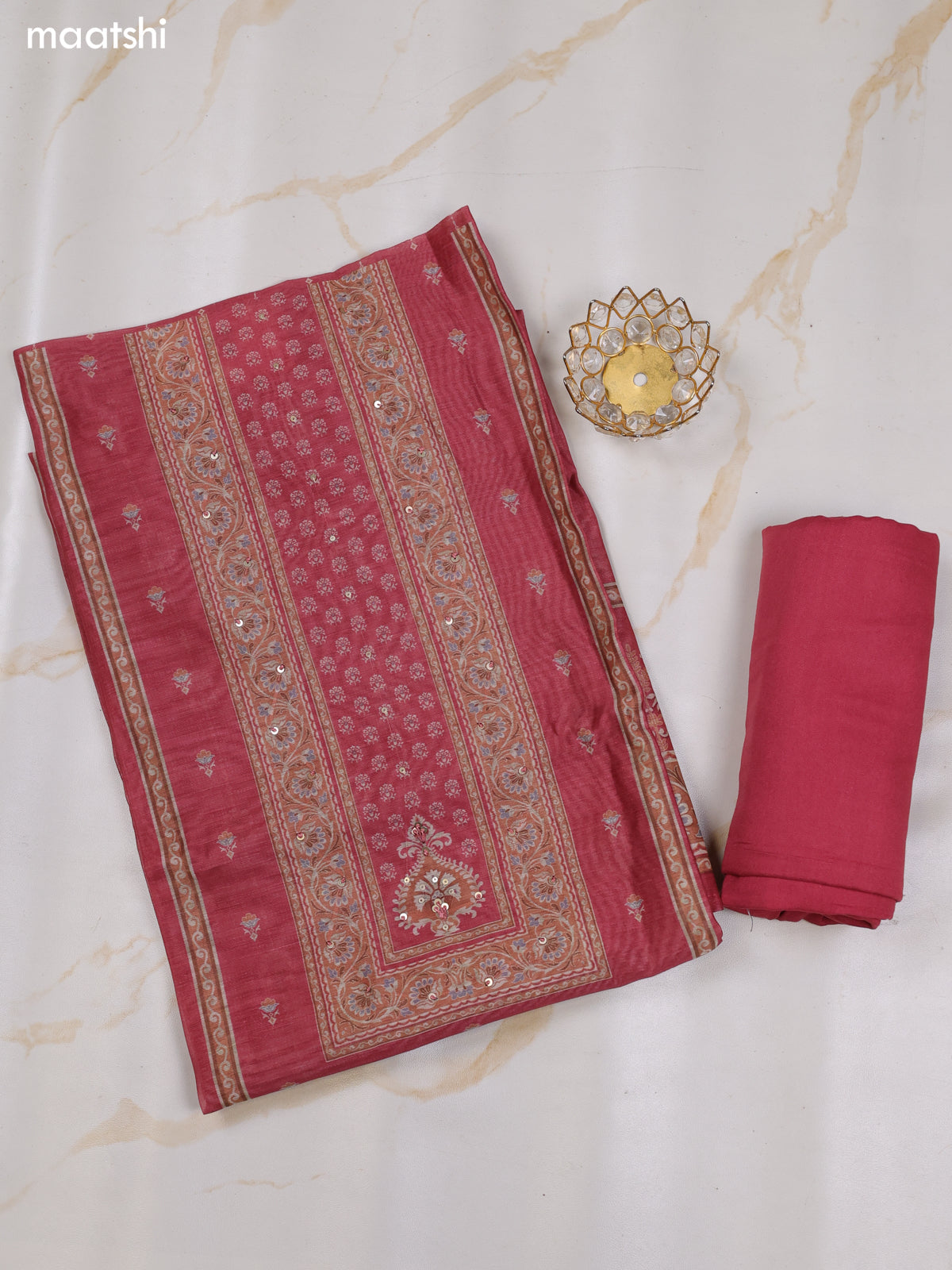 Dark Mauve Pink Chanderi Dress Material With Allover Floral Prints & Simple Embroidery Work Neck Pattern and Bottom & Dupatta