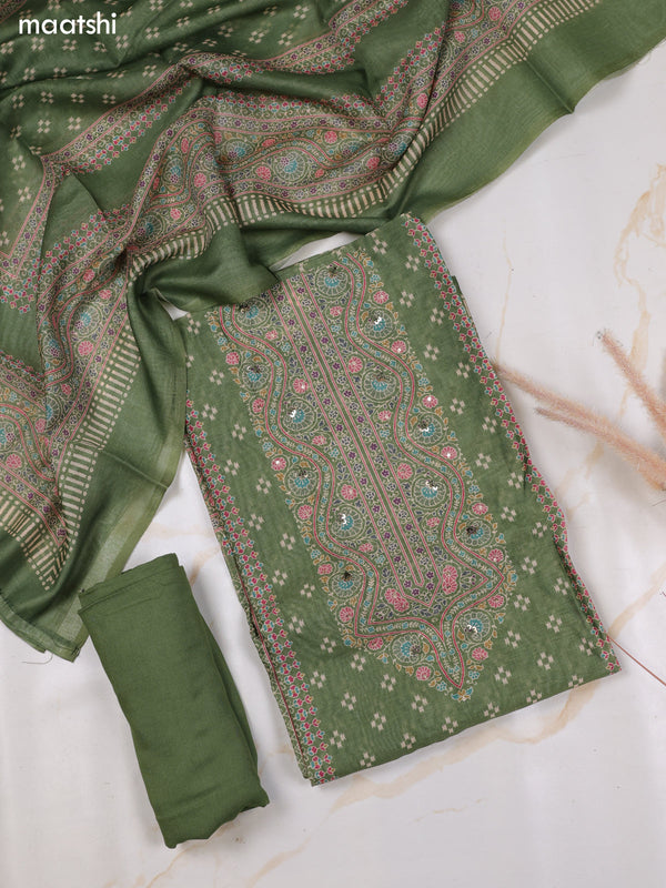 Sap Green Chanderi Dress Material With Butta Prints & Simple Embroidery Work Neck Pattern and Bottom & Dupatta