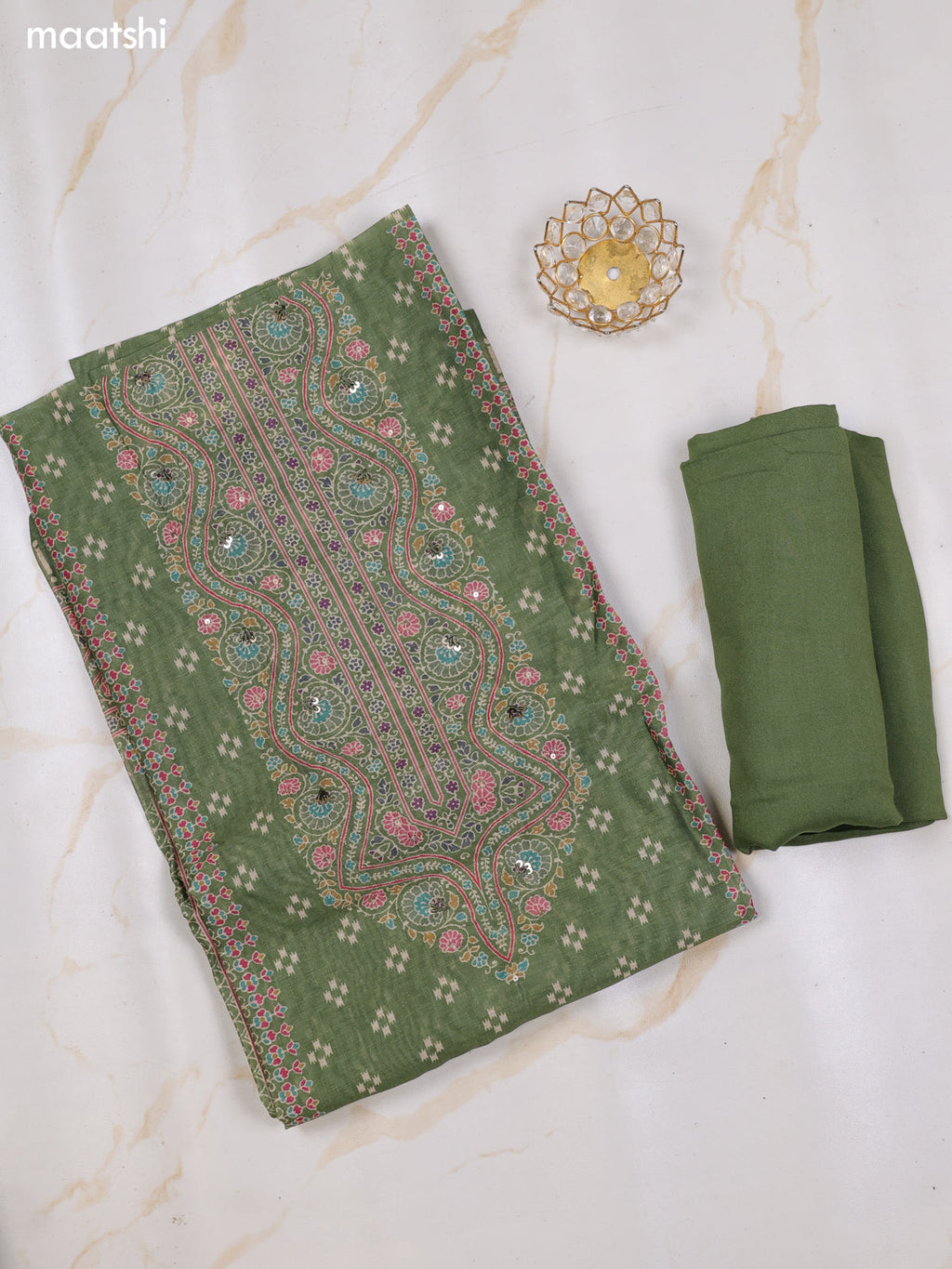 Sap Green Chanderi Dress Material With Butta Prints & Simple Embroidery Work Neck Pattern and Bottom & Dupatta