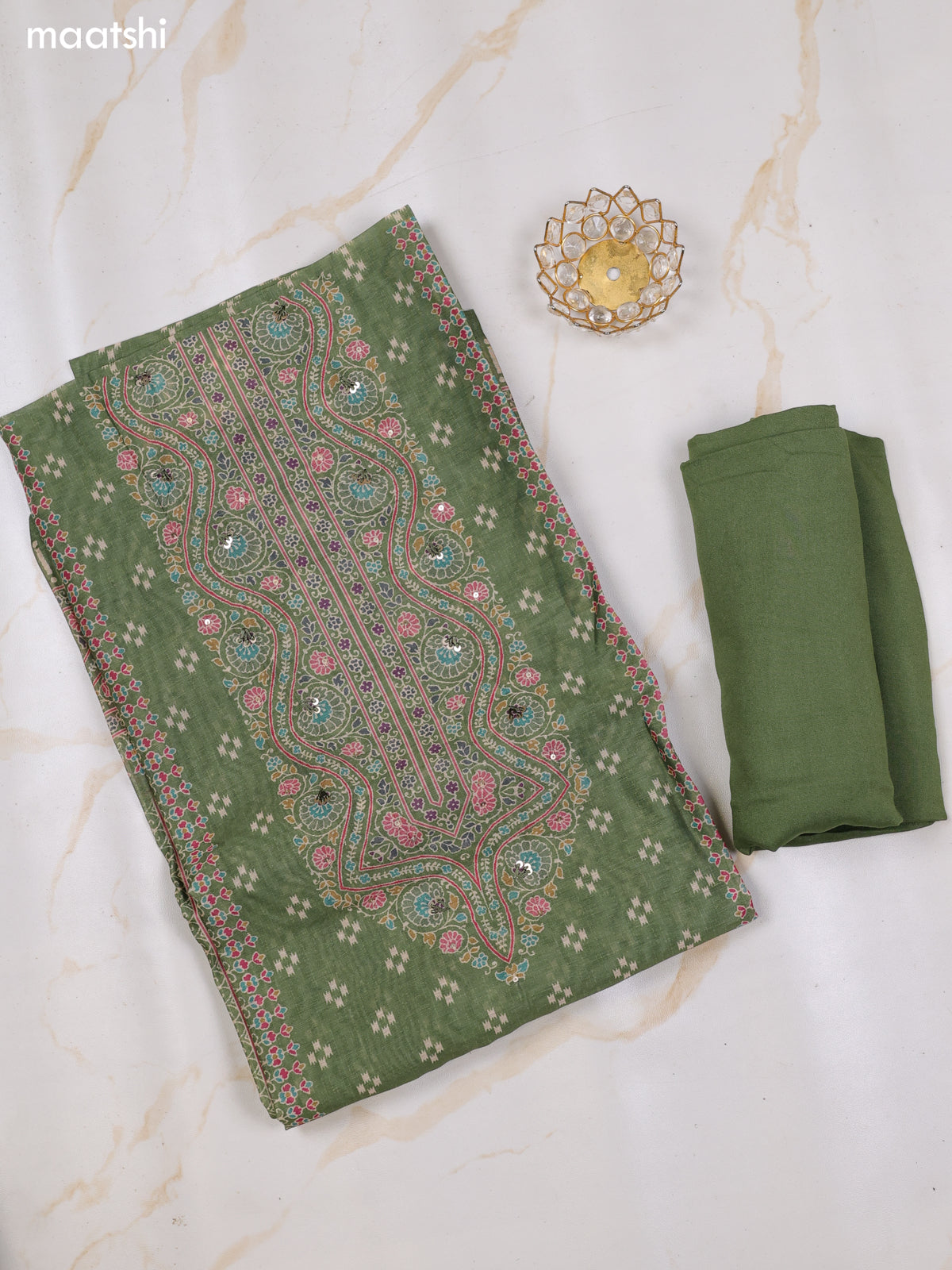 Sap Green Chanderi Dress Material With Butta Prints & Simple Embroidery Work Neck Pattern and Bottom & Dupatta