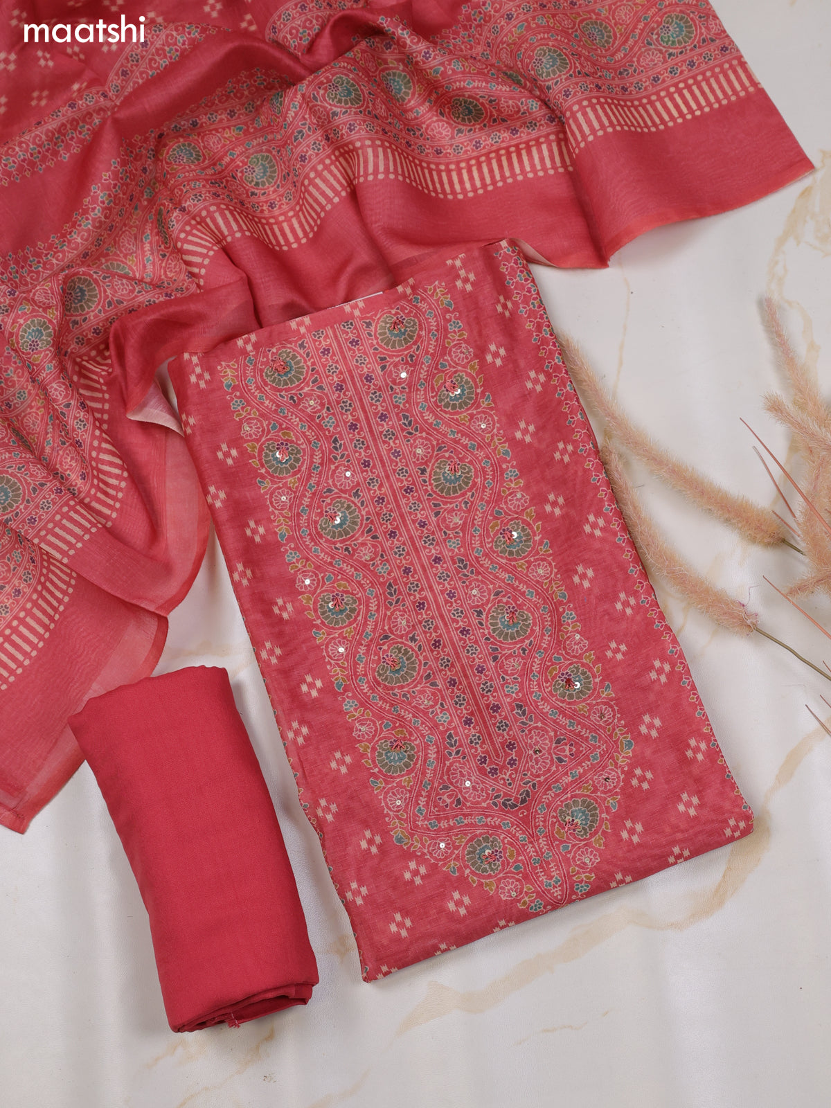 Peach Pink Chanderi Dress Material With Butta Prints & Simple Embroidery Work Neck Pattern and Bottom & Dupatta
