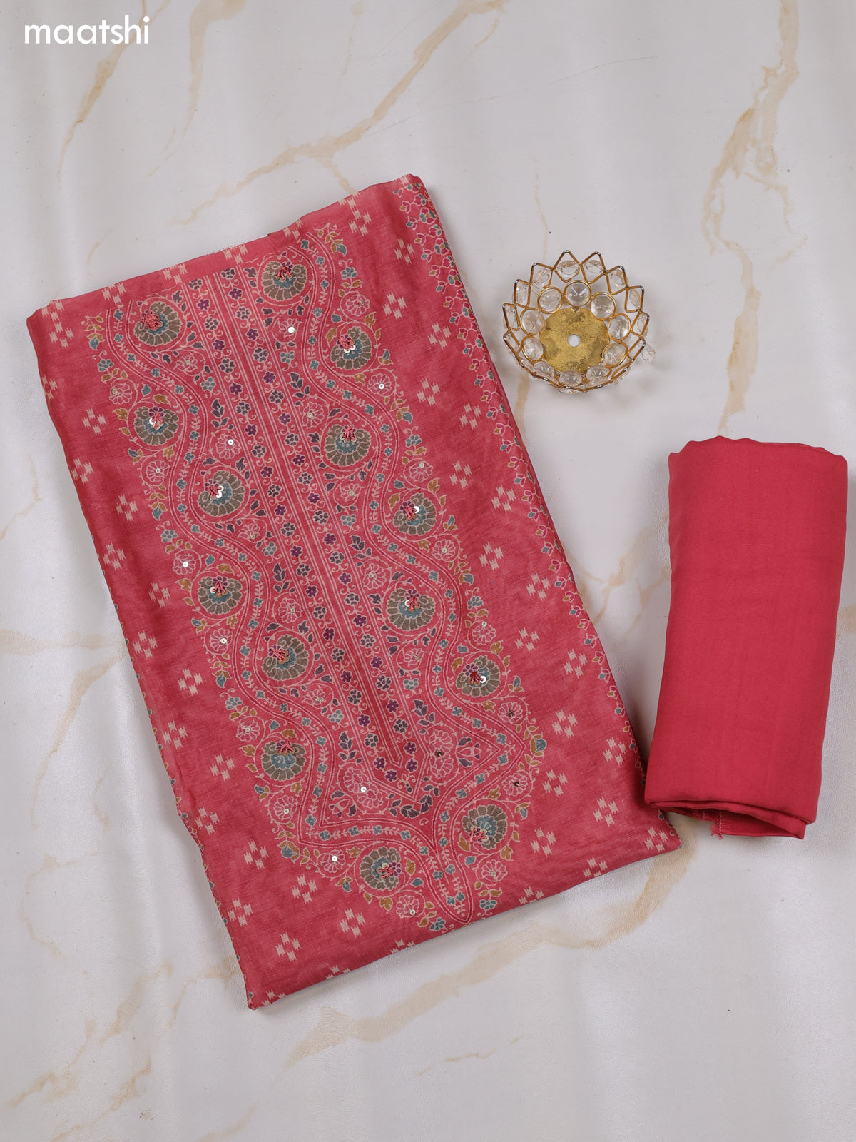 Peach Pink Chanderi Dress Material With Butta Prints & Simple Embroidery Work Neck Pattern and Bottom & Dupatta