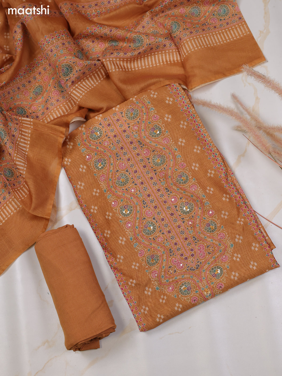 Mustard Chanderi Dress Material With Butta Prints & Simple Embroidery Work Neck Pattern and Bottom & Dupatta