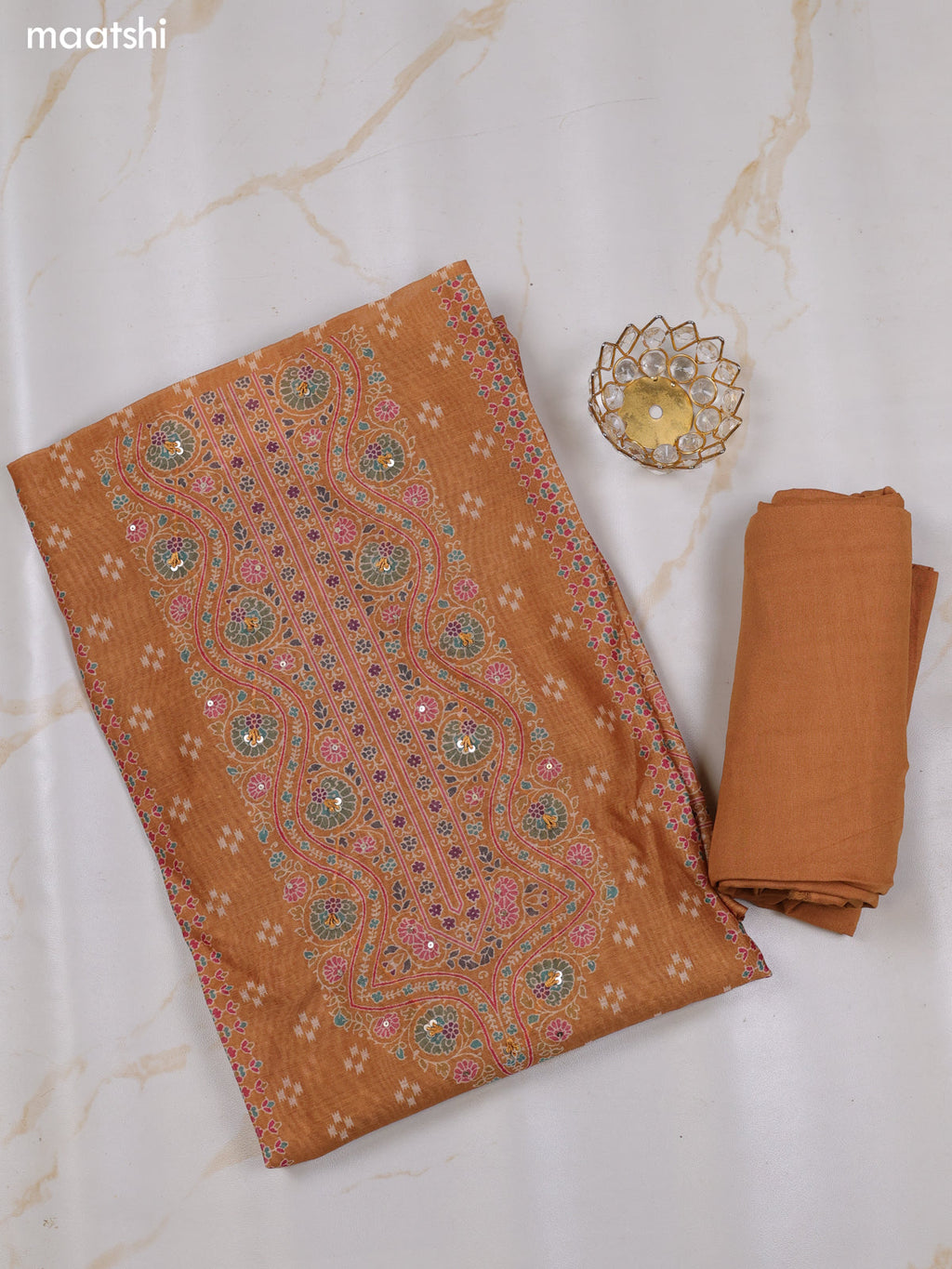 Mustard Chanderi Dress Material With Butta Prints & Simple Embroidery Work Neck Pattern and Bottom & Dupatta