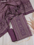 Pastel Purple and Biege Chanderi Dress Material With Allover Prints & Kantha Stitch Work Neck Pattern and Bottom & Dupatta