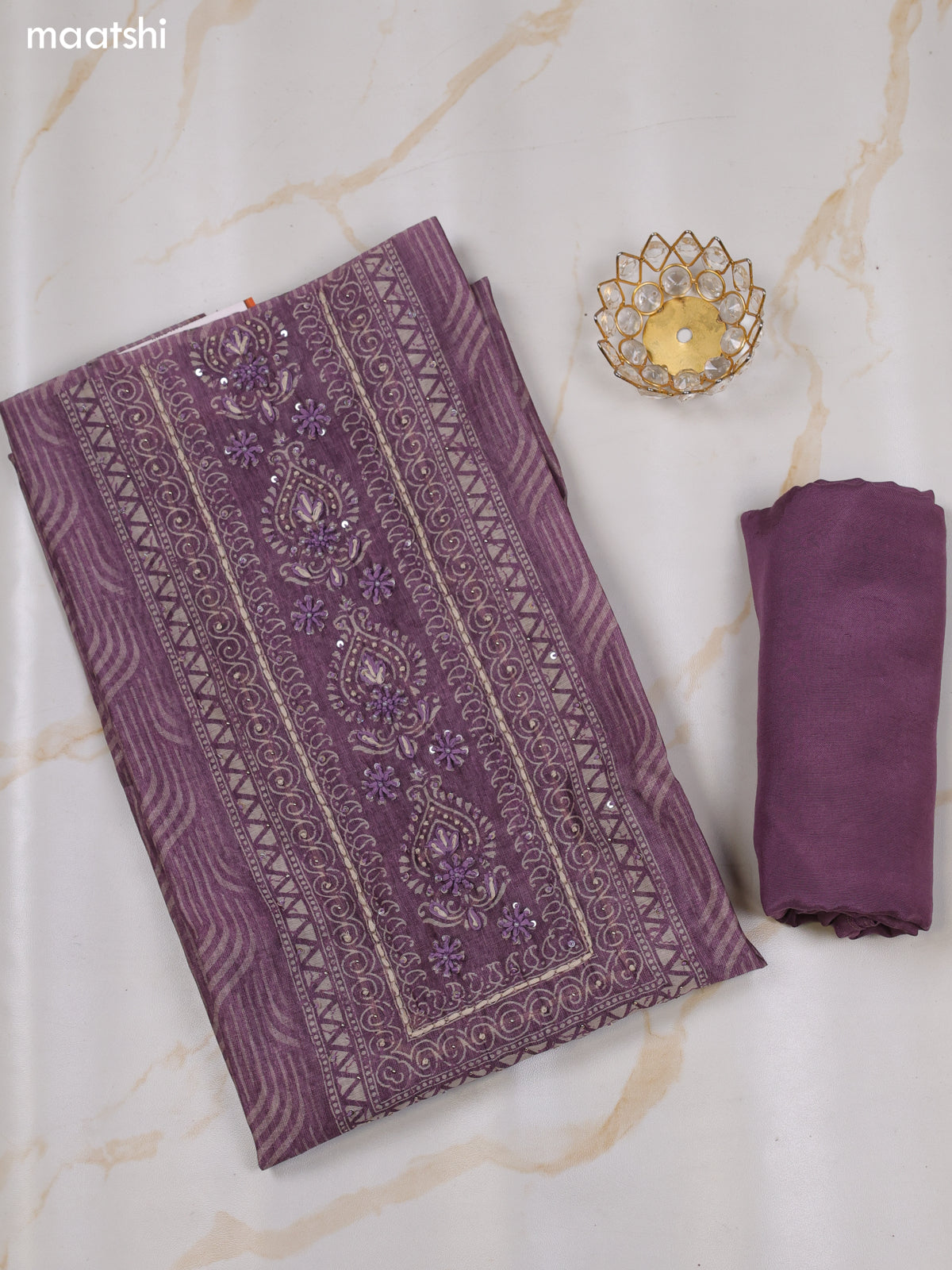 Pastel Purple and Biege Chanderi Dress Material With Allover Prints & Kantha Stitch Work Neck Pattern and Bottom & Dupatta
