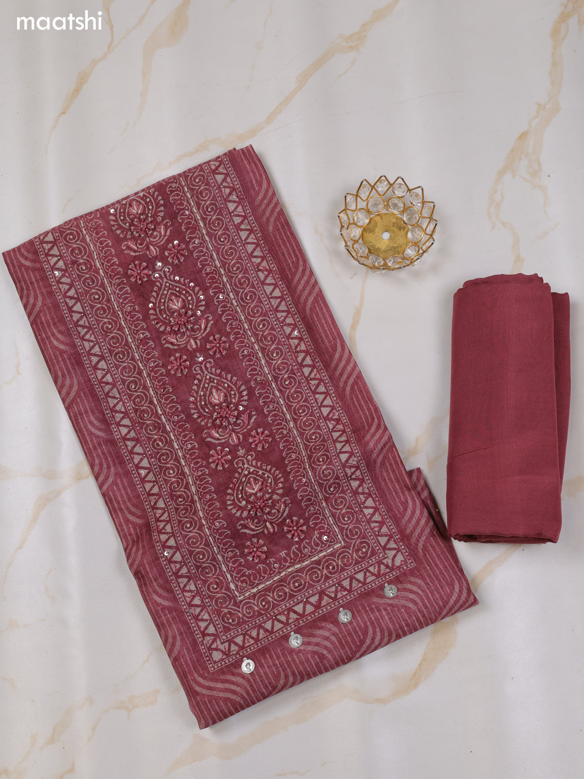Mauve Pink and Biege Chanderi Dress Material With Allover Prints & Kantha Stitch Work Neck Pattern and Bottom & Dupatta