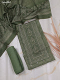 Sap Green and Biege Chanderi Dress Material With Allover Prints & Kantha Stitch Work Neck Pattern and Bottom & Dupatta