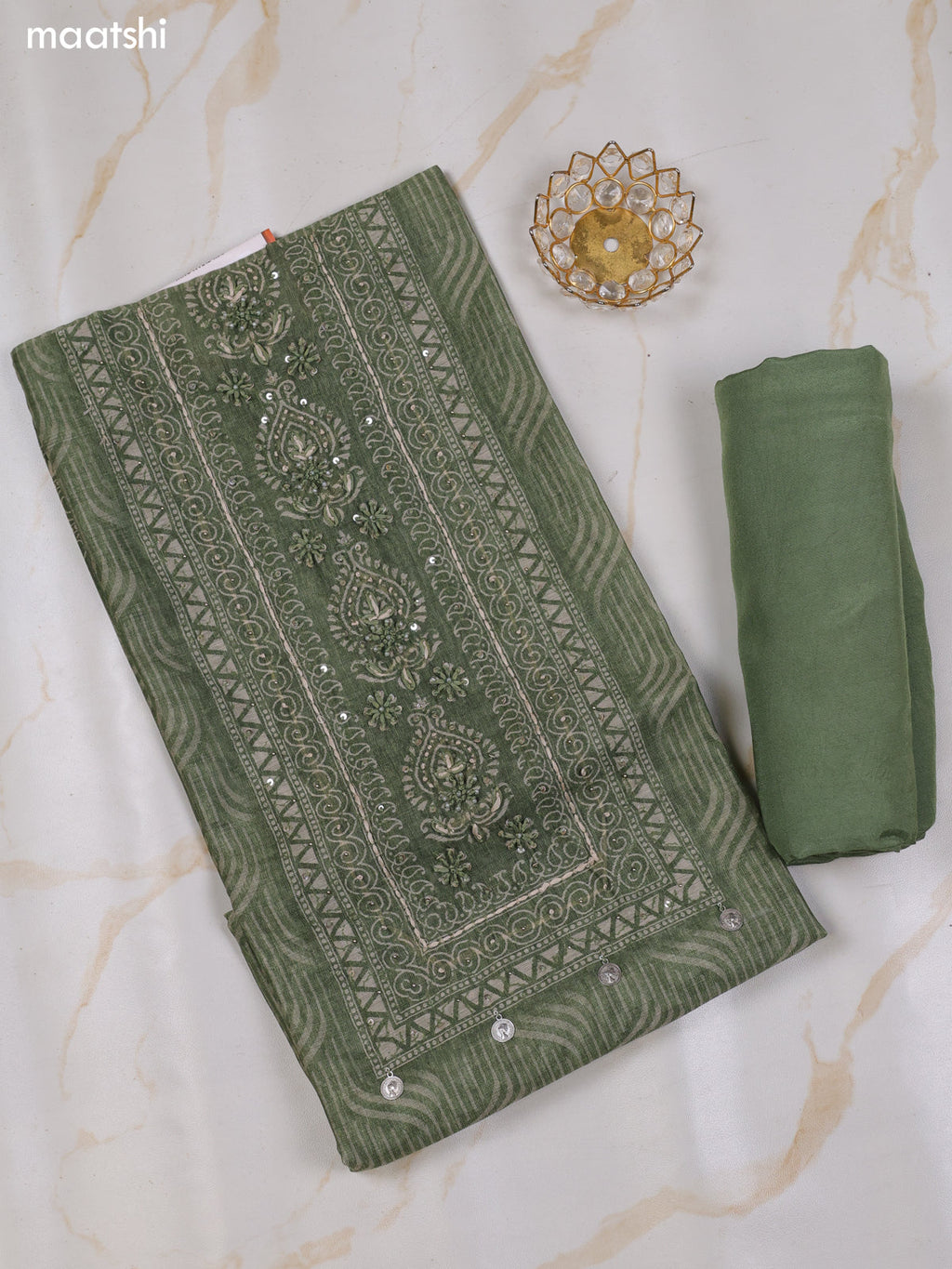 Sap Green and Biege Chanderi Dress Material With Allover Prints & Kantha Stitch Work Neck Pattern and Bottom & Dupatta