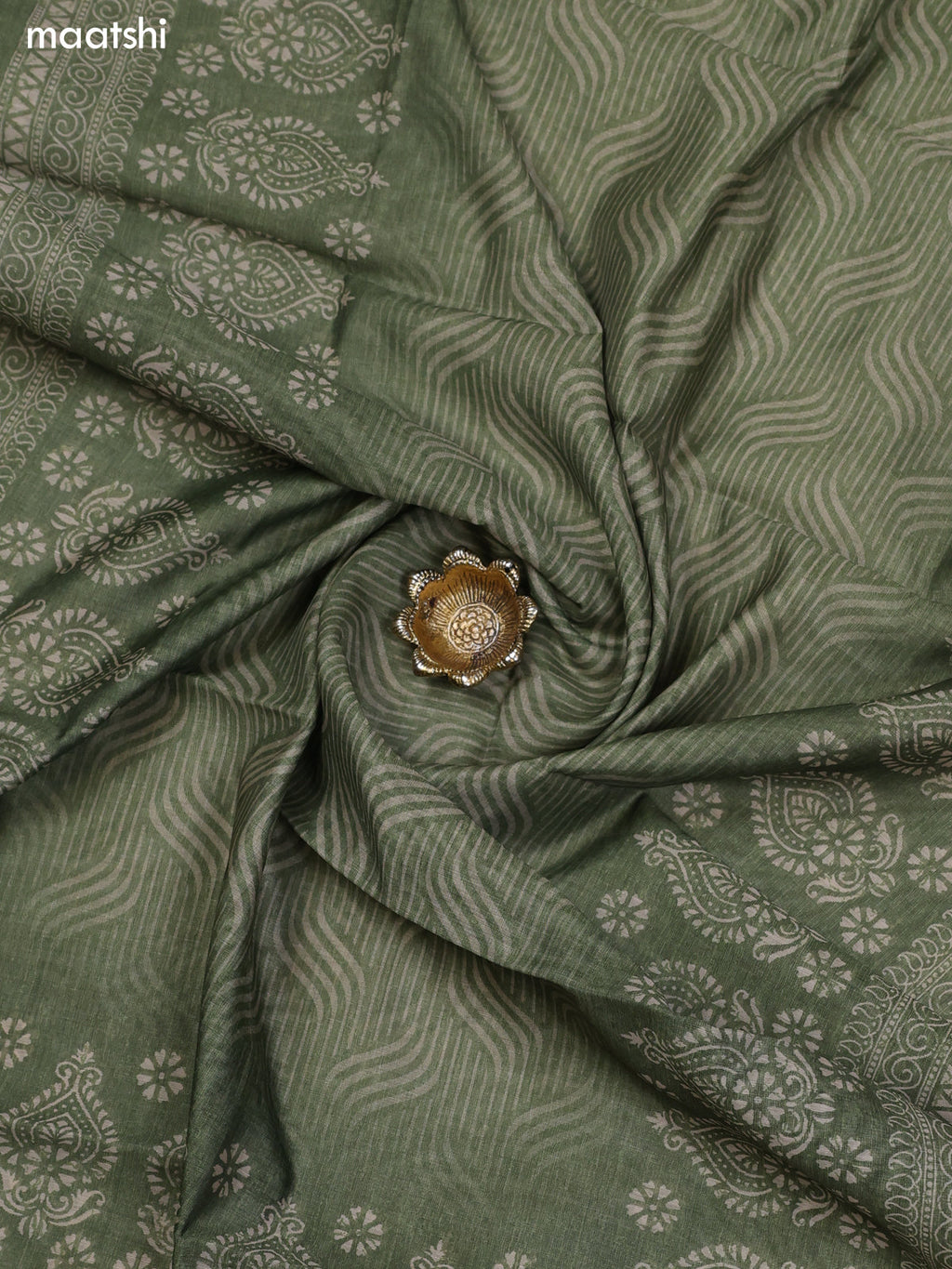 Sap Green and Biege Chanderi Dress Material With Allover Prints & Kantha Stitch Work Neck Pattern and Bottom & Dupatta