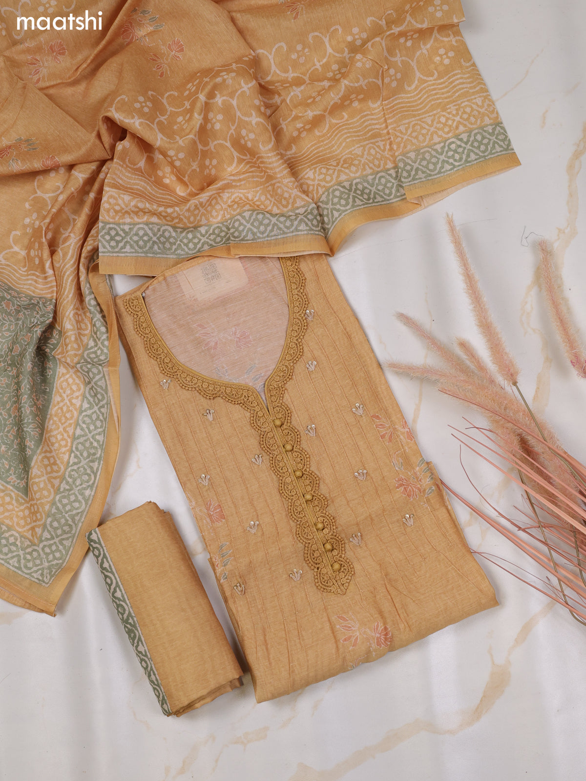 Mustard and Green Chanderi Dress Material With Floral Butta Prints & Lace Work Neck Pattern and Bottom & Dupatta