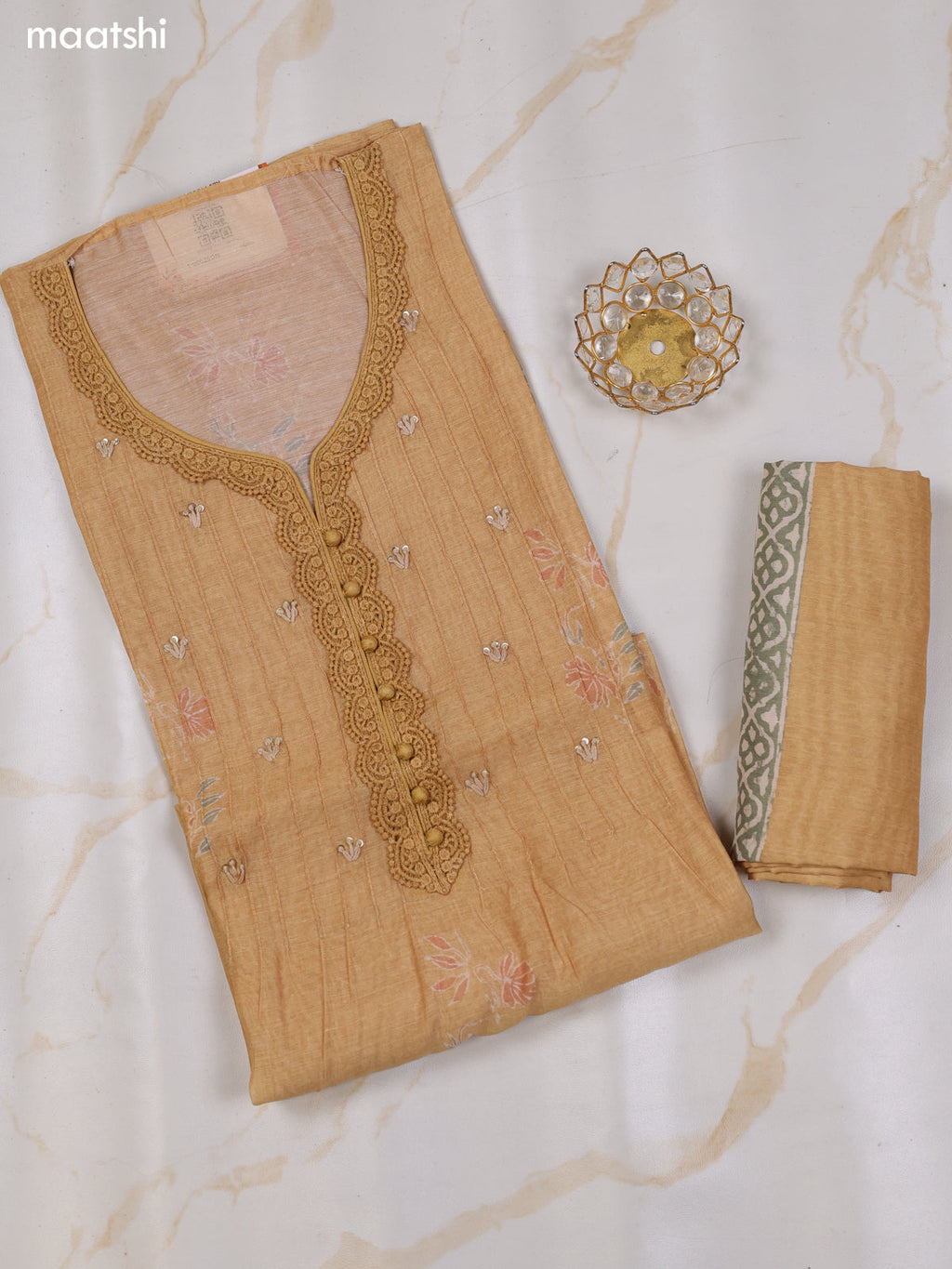 Mustard and Green Chanderi Dress Material With Floral Butta Prints & Lace Work Neck Pattern and Bottom & Dupatta