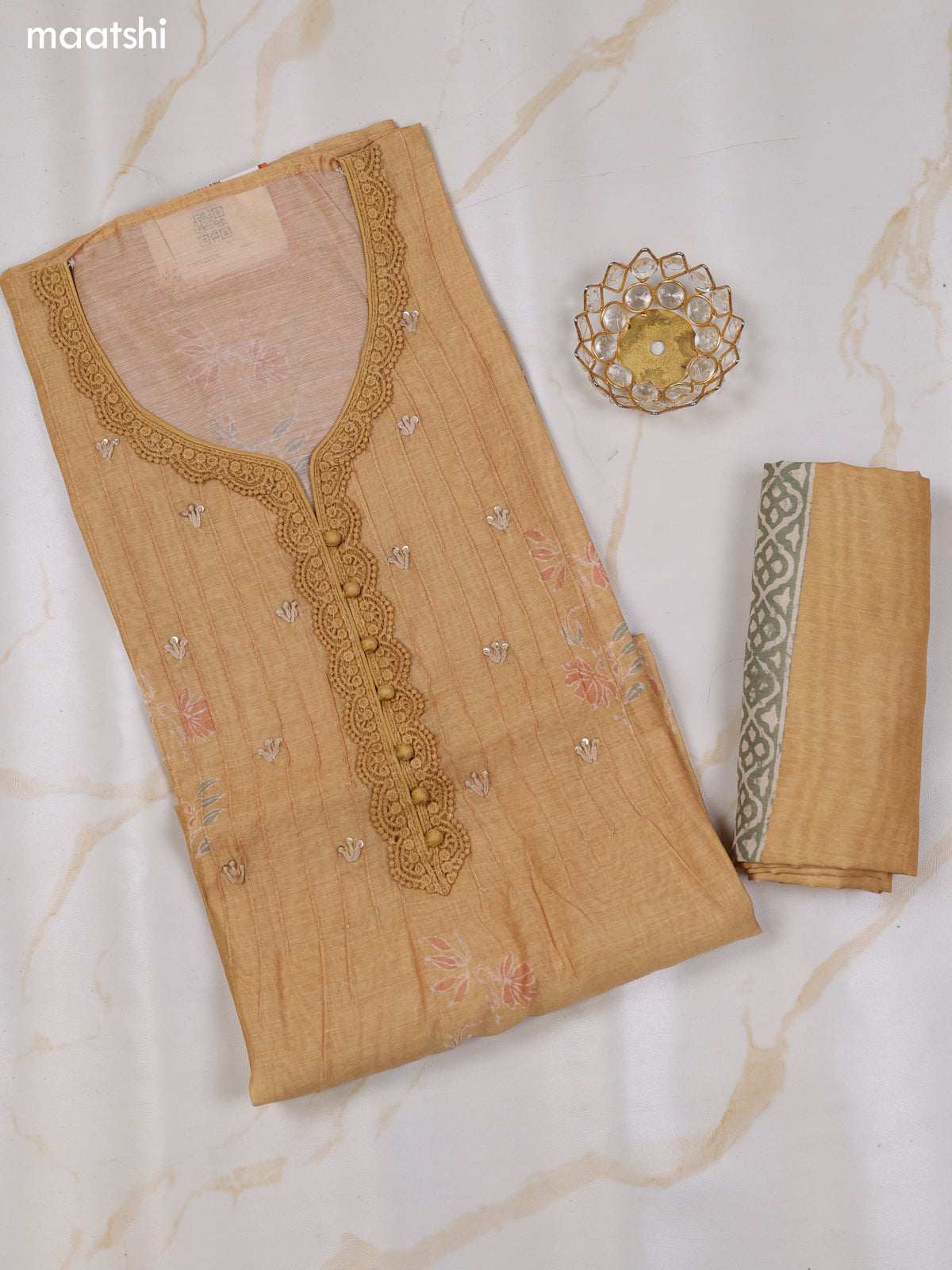 Mustard and Green Chanderi Dress Material With Floral Butta Prints & Lace Work Neck Pattern and Bottom & Dupatta