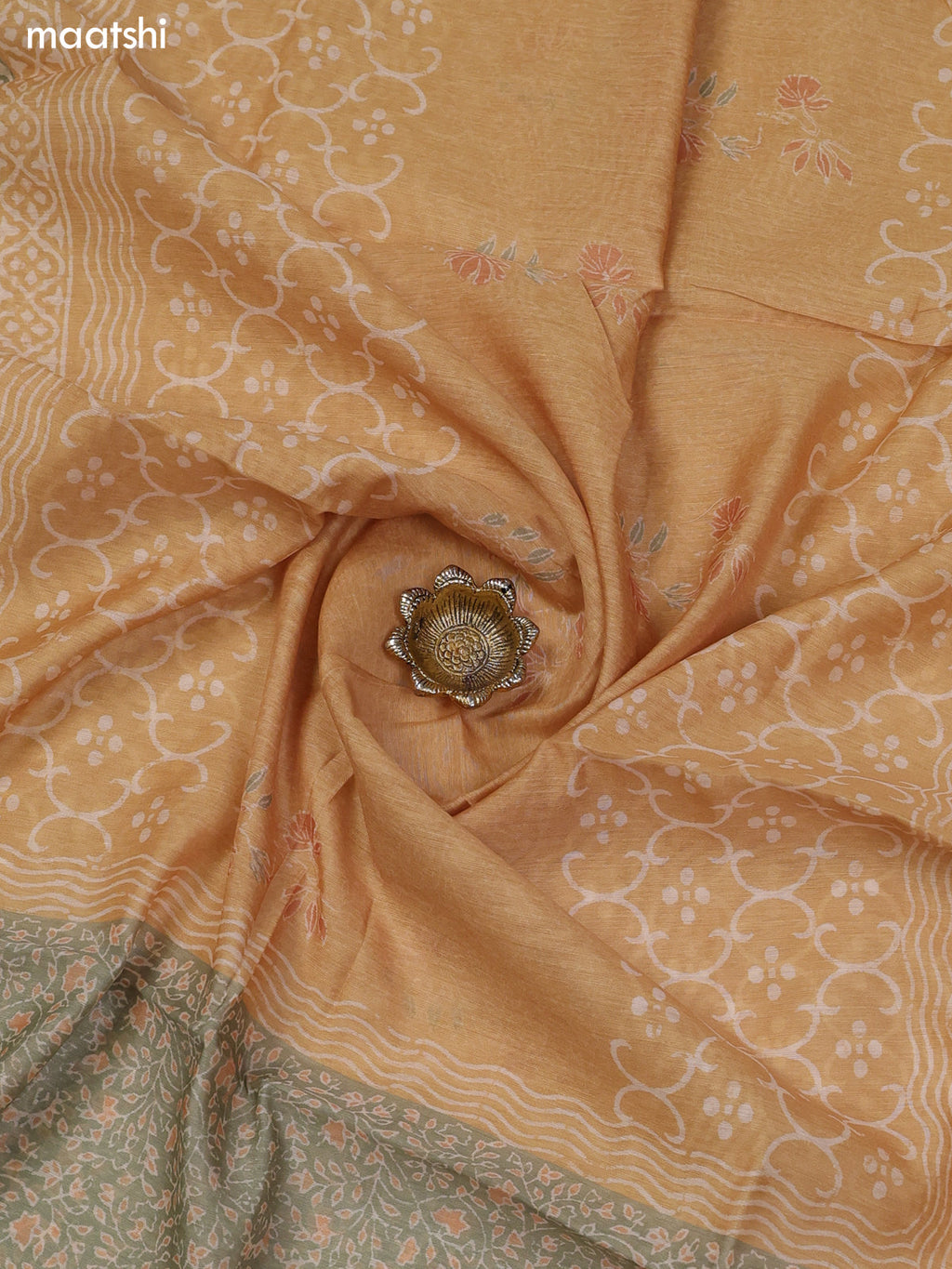 Mustard and Green Chanderi Dress Material With Floral Butta Prints & Lace Work Neck Pattern and Bottom & Dupatta