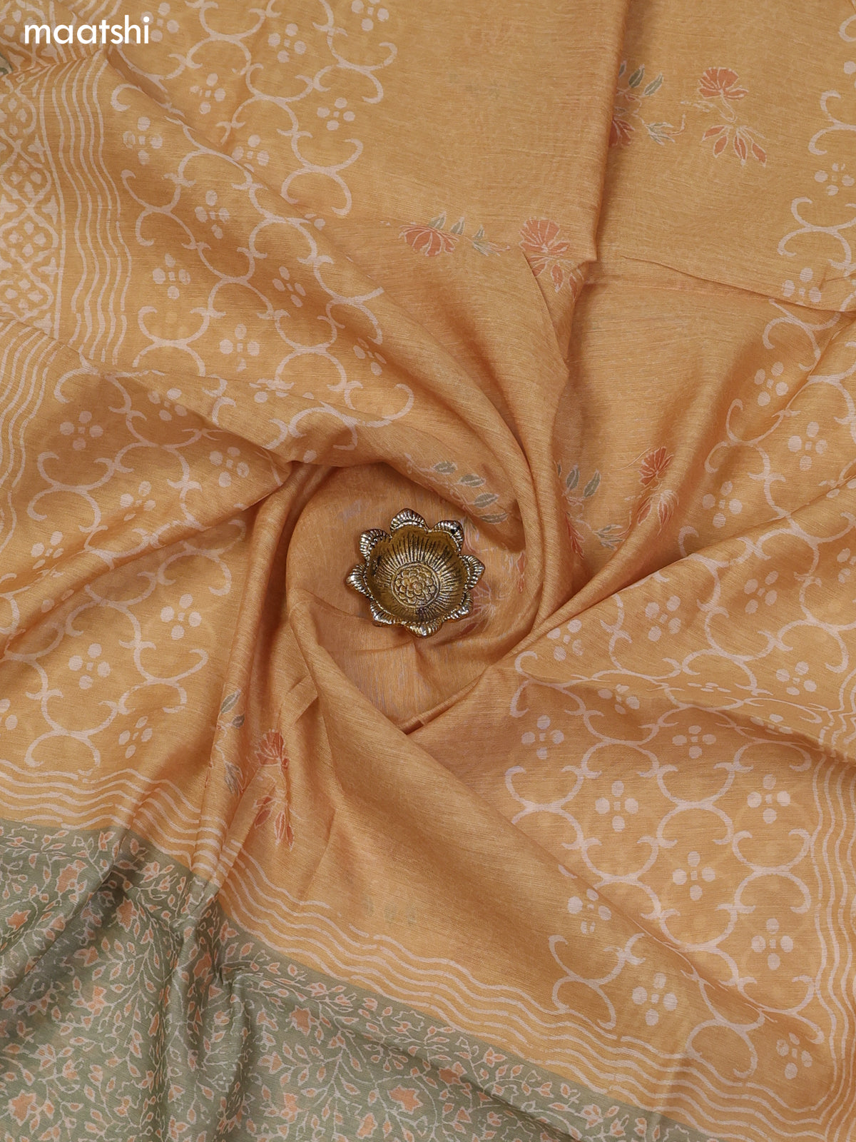 Mustard and Green Chanderi Dress Material With Floral Butta Prints & Lace Work Neck Pattern and Bottom & Dupatta