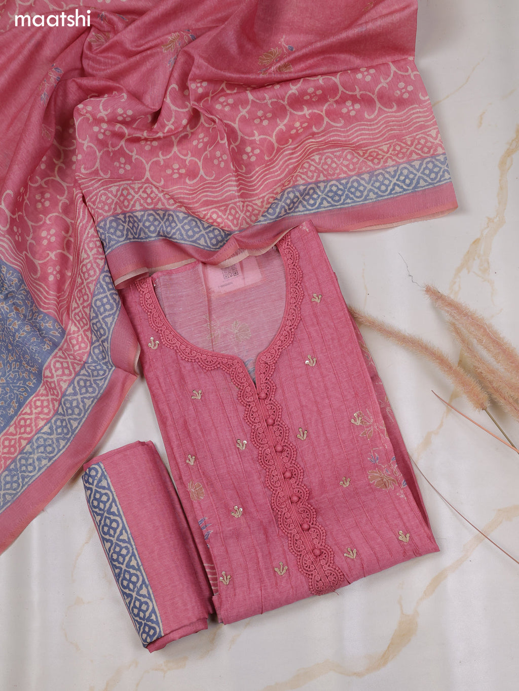 Peach Pink and Bluish Grey Chanderi Dress Material With Floral Butta Prints & Lace Work Neck Pattern and Bottom & Dupatta