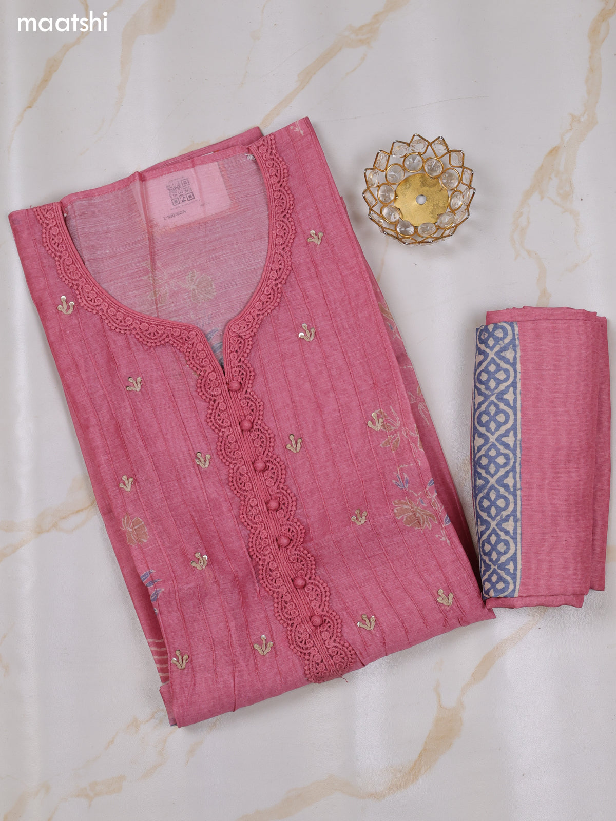 Peach Pink and Bluish Grey Chanderi Dress Material With Floral Butta Prints & Lace Work Neck Pattern and Bottom & Dupatta