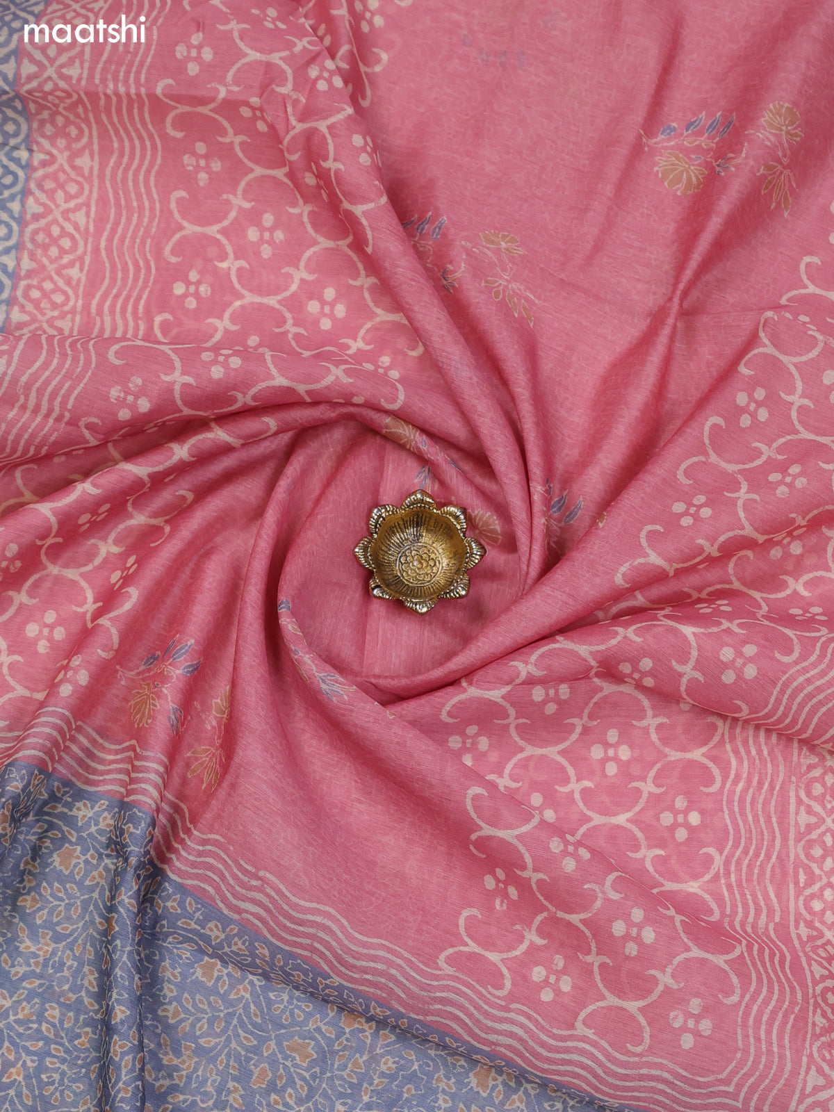 Peach Pink and Bluish Grey Chanderi Dress Material With Floral Butta Prints & Lace Work Neck Pattern and Bottom & Dupatta