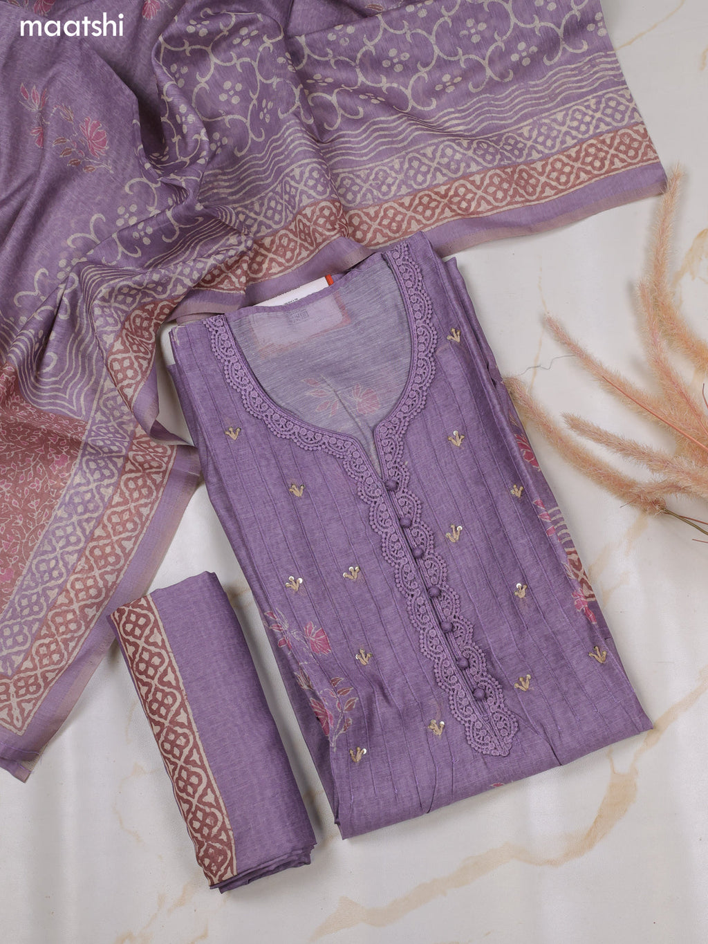Pastel Purple and Pastel Brown Chanderi Dress Material With Floral Butta Prints & Lace Work Neck Pattern and Bottom & Dupatta