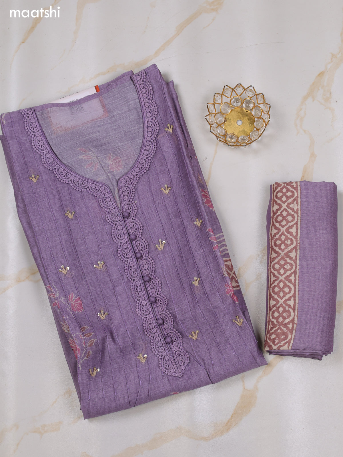 Pastel Purple and Pastel Brown Chanderi Dress Material With Floral Butta Prints & Lace Work Neck Pattern and Bottom & Dupatta