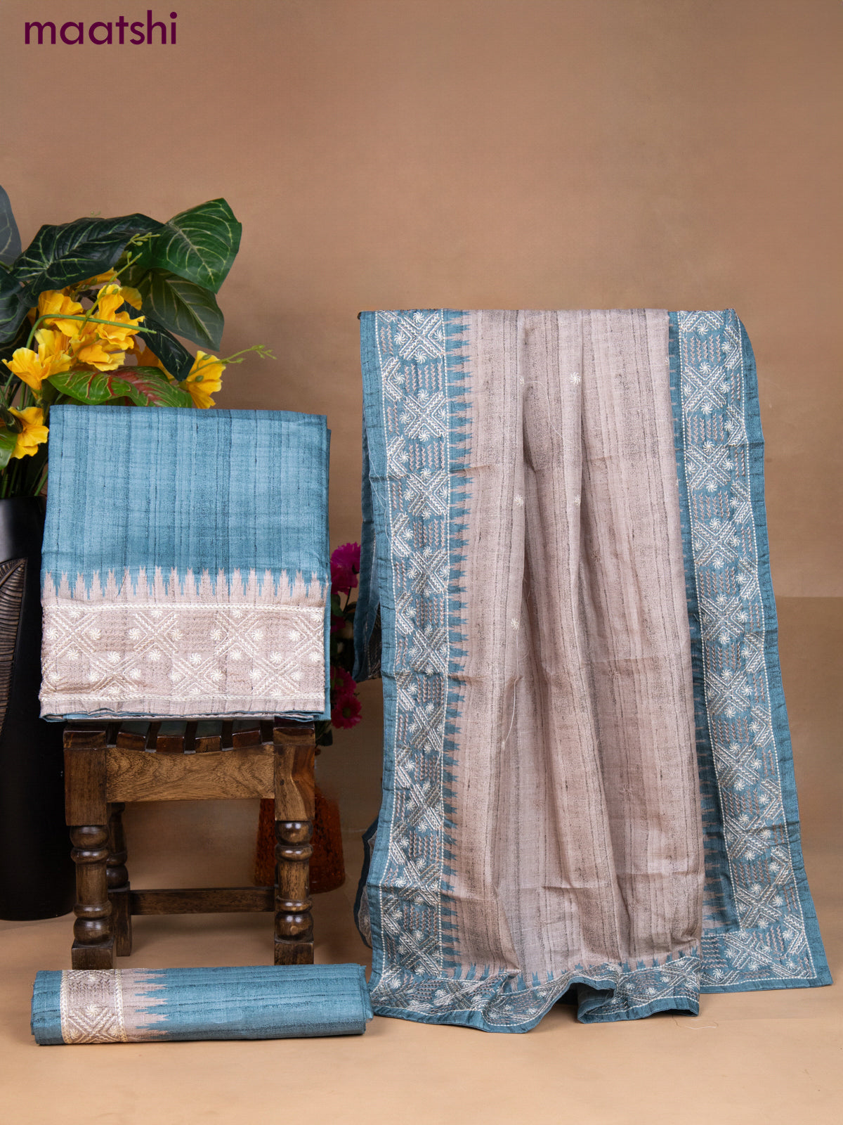 Semi tussar dress material teal blue with embroidery work and bottom & dupatta