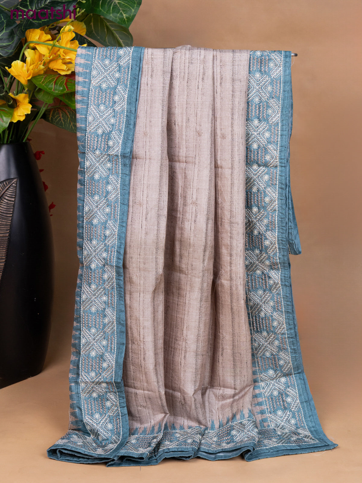 Semi tussar dress material teal blue with embroidery work and bottom & dupatta