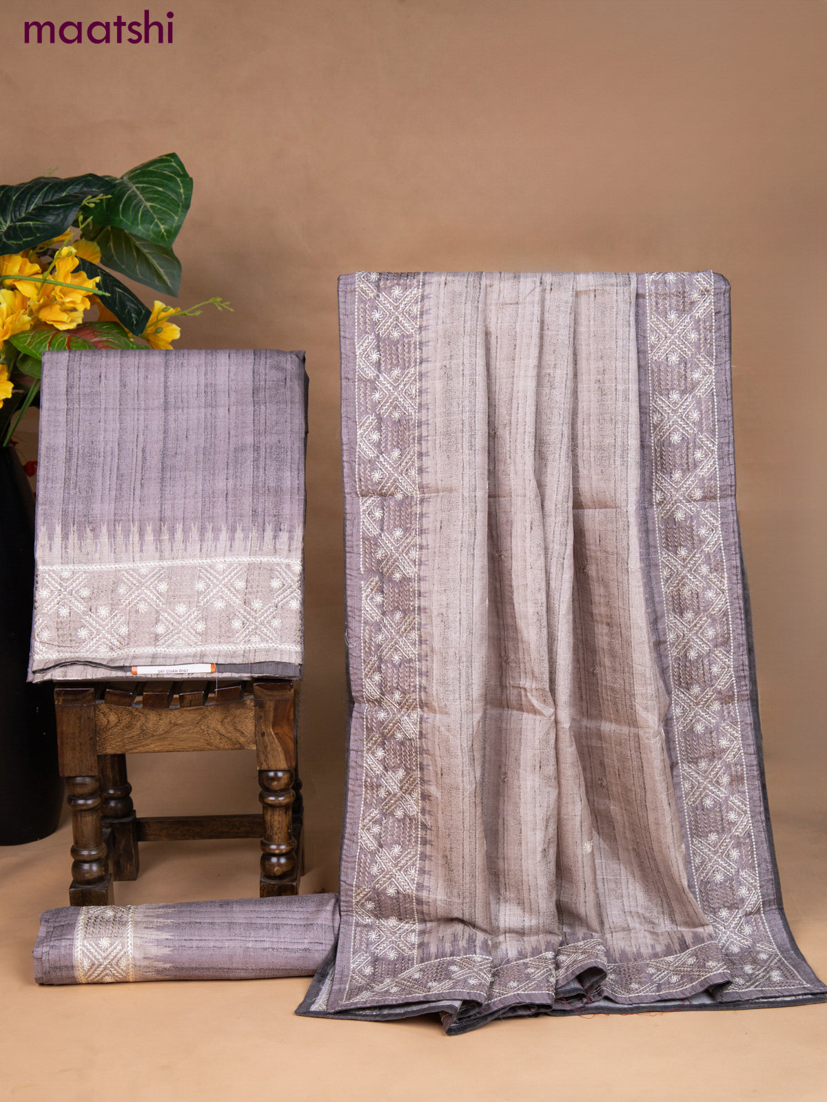 Semi tussar dress material grey with embroidery work and bottom & dupatta