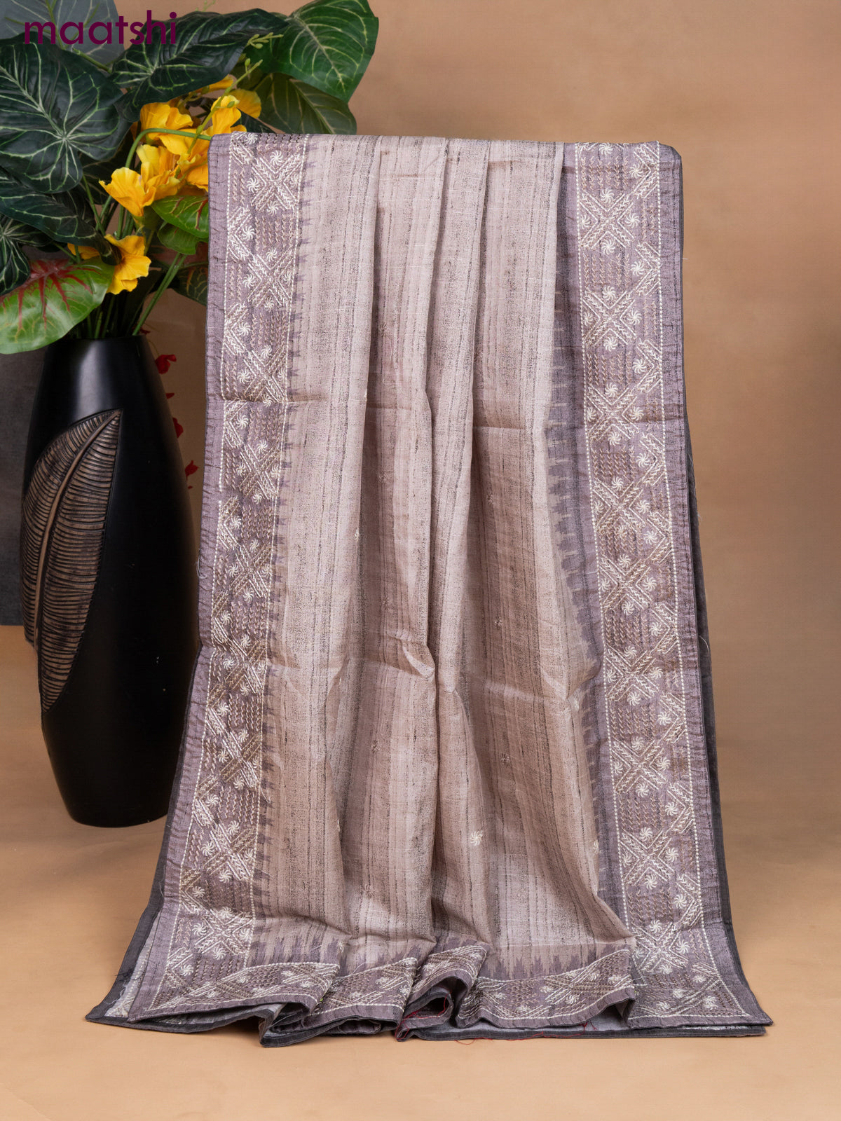 Semi tussar dress material grey with embroidery work and bottom & dupatta