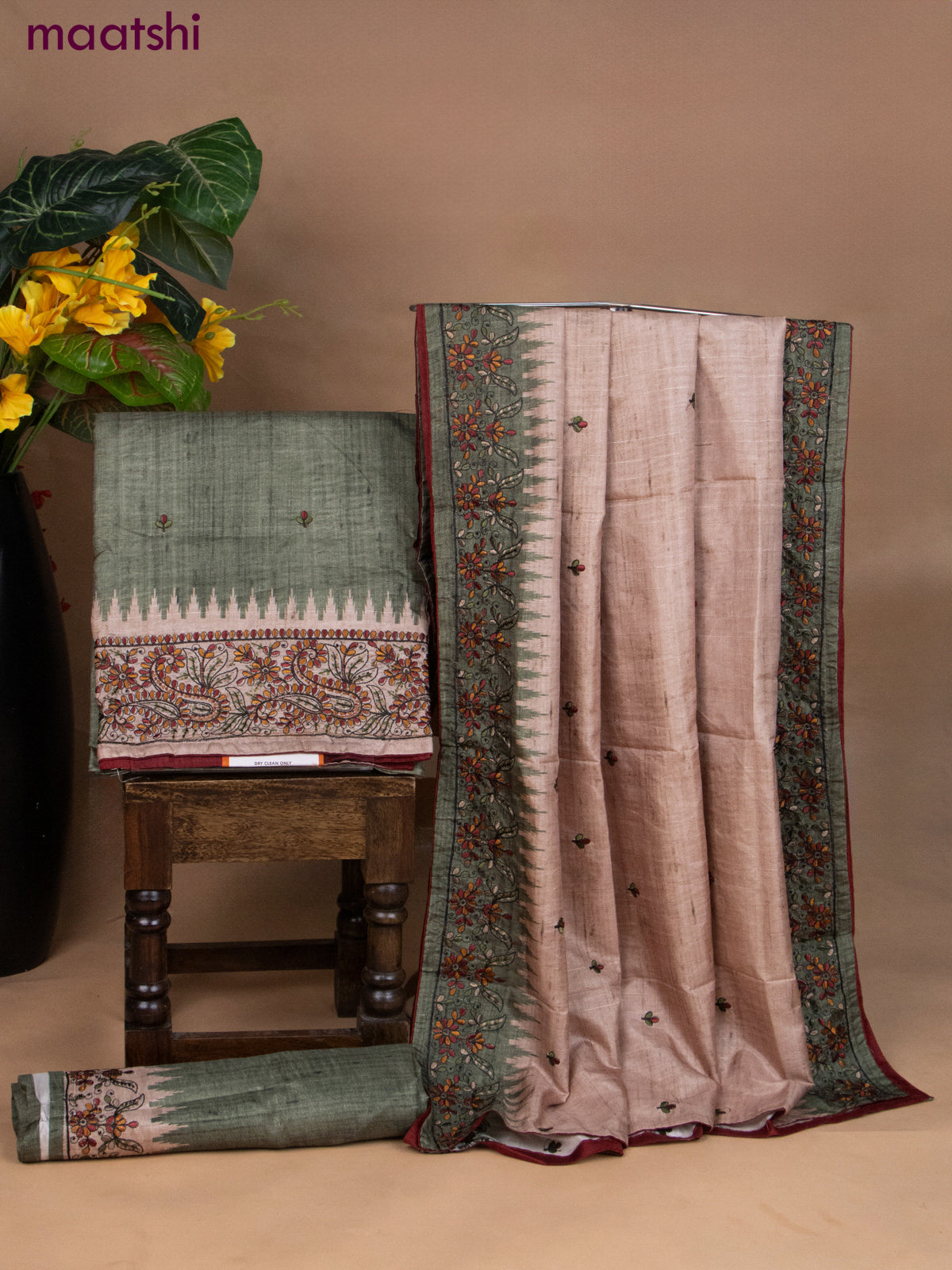 Semi tussar dress material sap green with embroidery work and bottom & dupatta