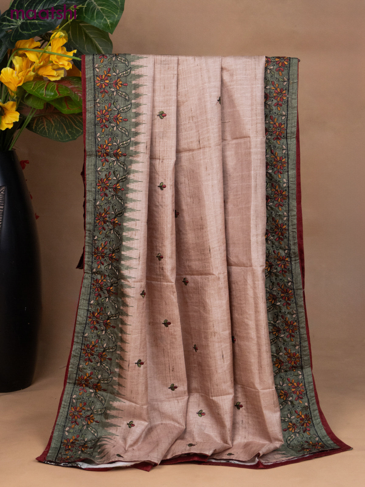 Semi tussar dress material sap green with embroidery work and bottom & dupatta