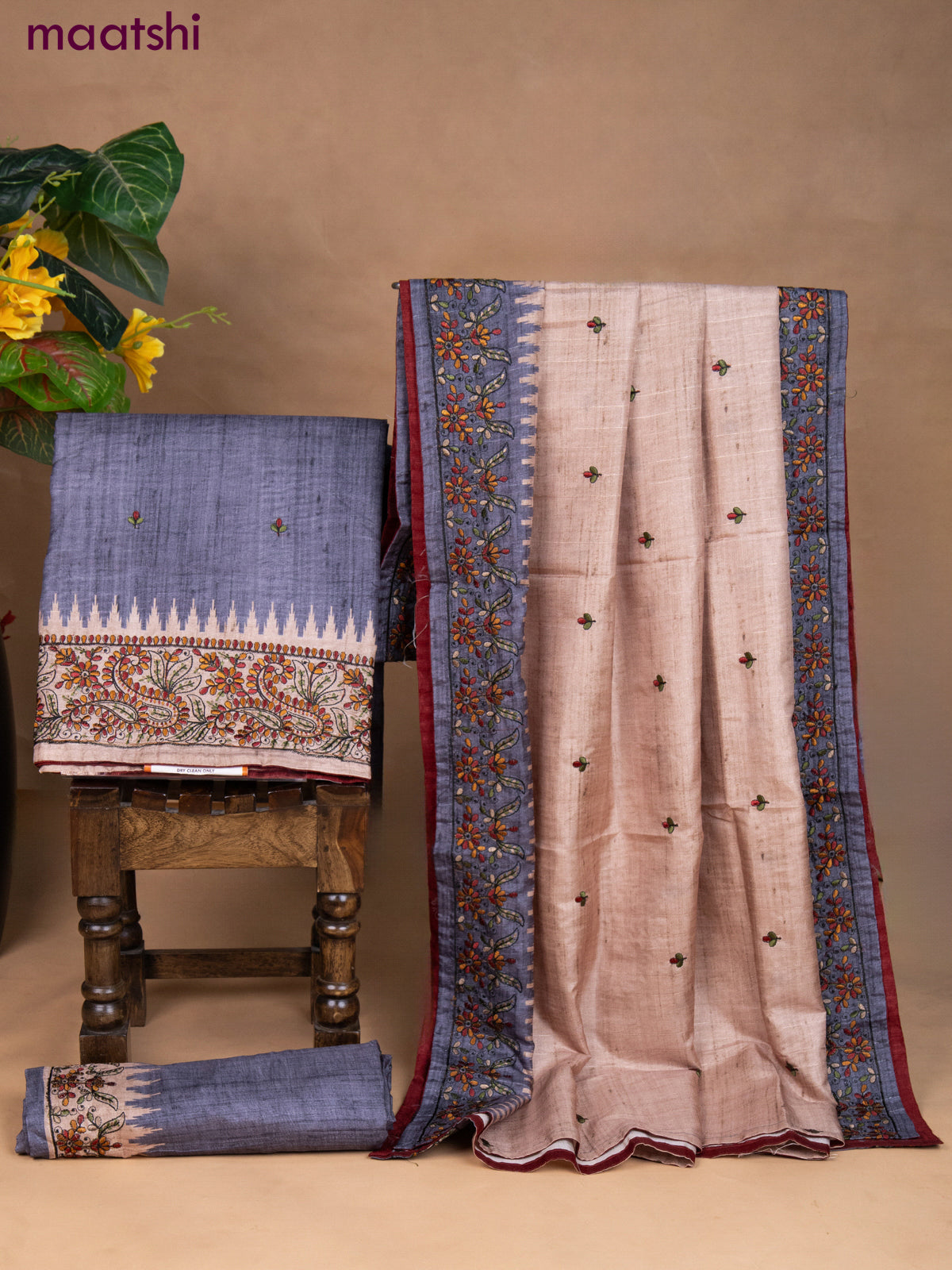 Semi tussar dress material grey with embroidery work and bottom & dupatta