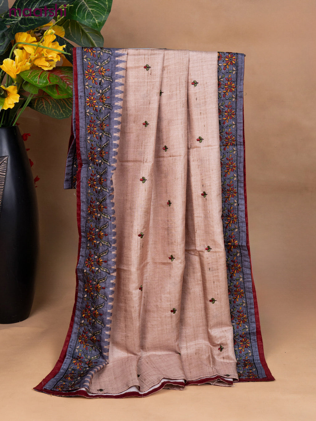 Semi tussar dress material grey with embroidery work and bottom & dupatta
