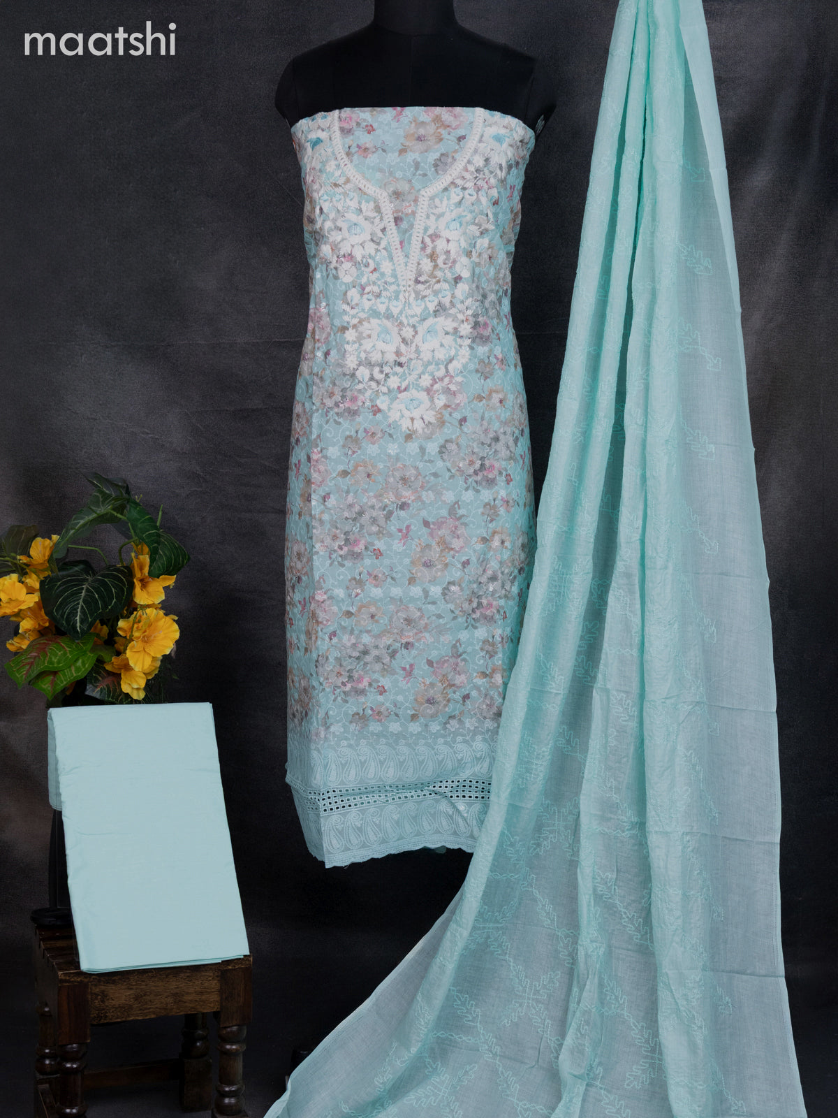 Cotton dress material teal blue shade with allover floral prints & embroidery work and bottom & dupatta