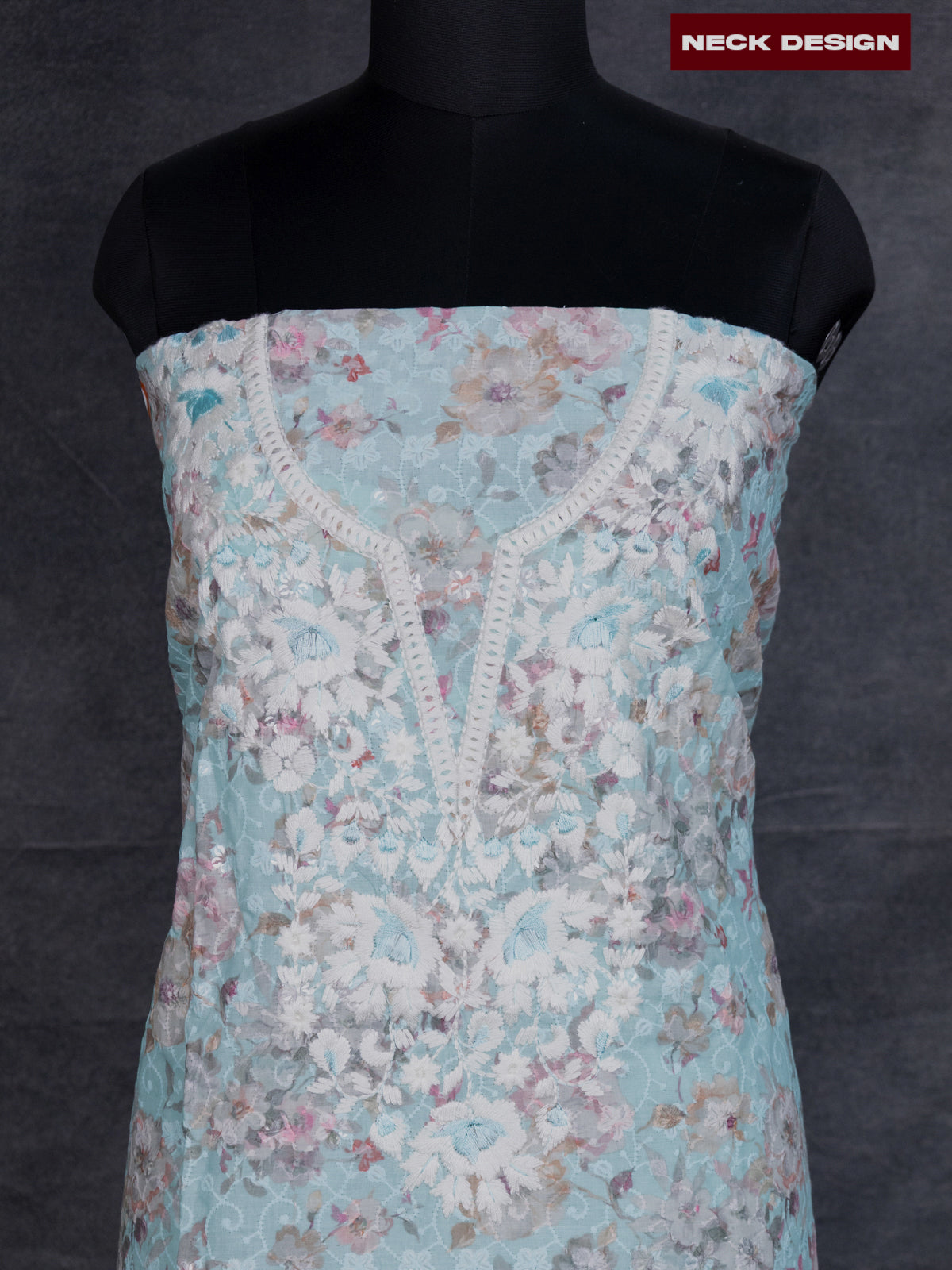 Cotton dress material teal blue shade with allover floral prints & embroidery work and bottom & dupatta