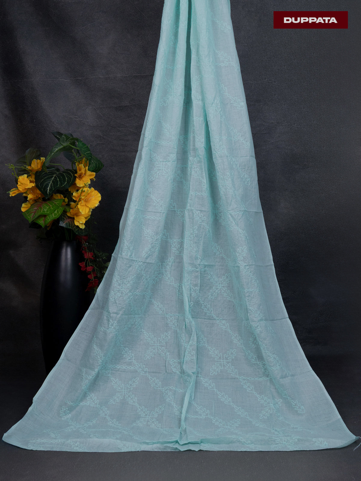 Cotton dress material teal blue shade with allover floral prints & embroidery work and bottom & dupatta
