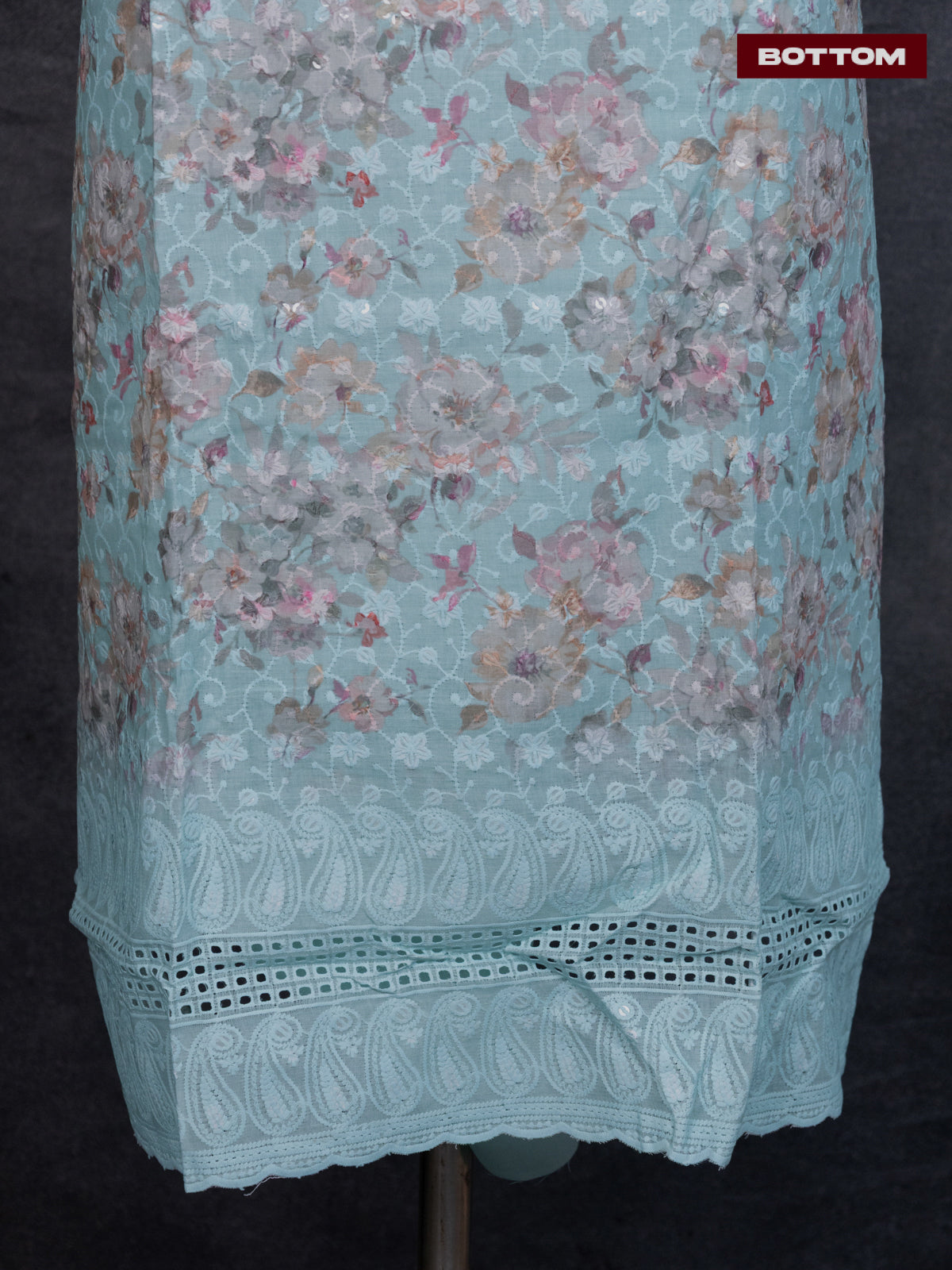 Cotton dress material teal blue shade with allover floral prints & embroidery work and bottom & dupatta