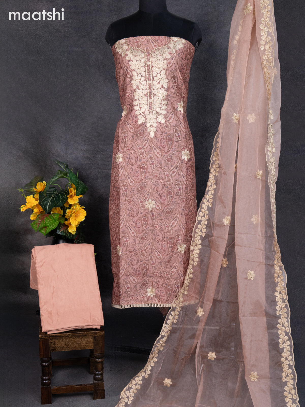 Chanderi dress material dark peach with allover paisley prints & embroidery work neck pattern and bottom & organza dupatta
