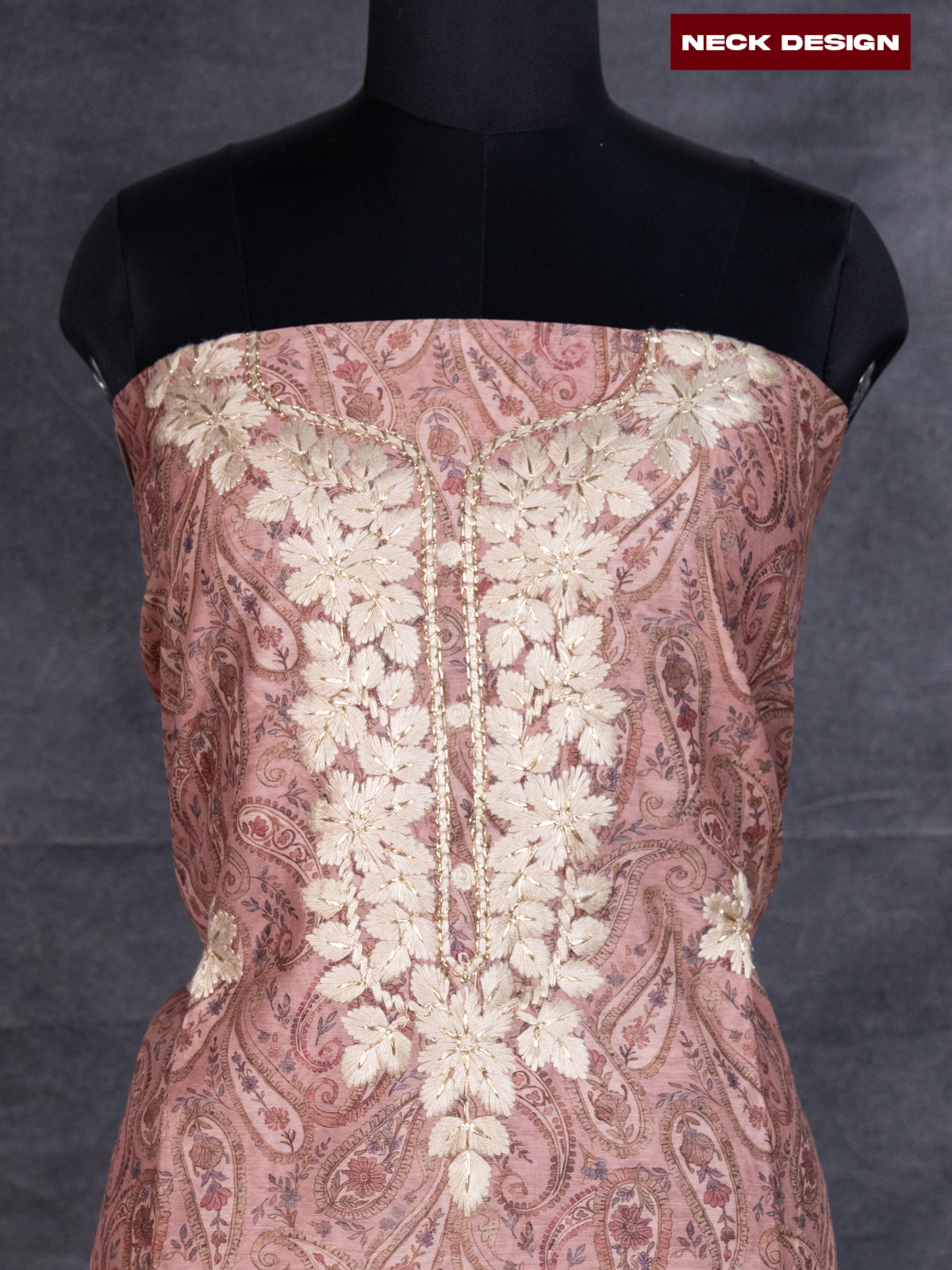 Chanderi dress material dark peach with allover paisley prints & embroidery work neck pattern and bottom & organza dupatta
