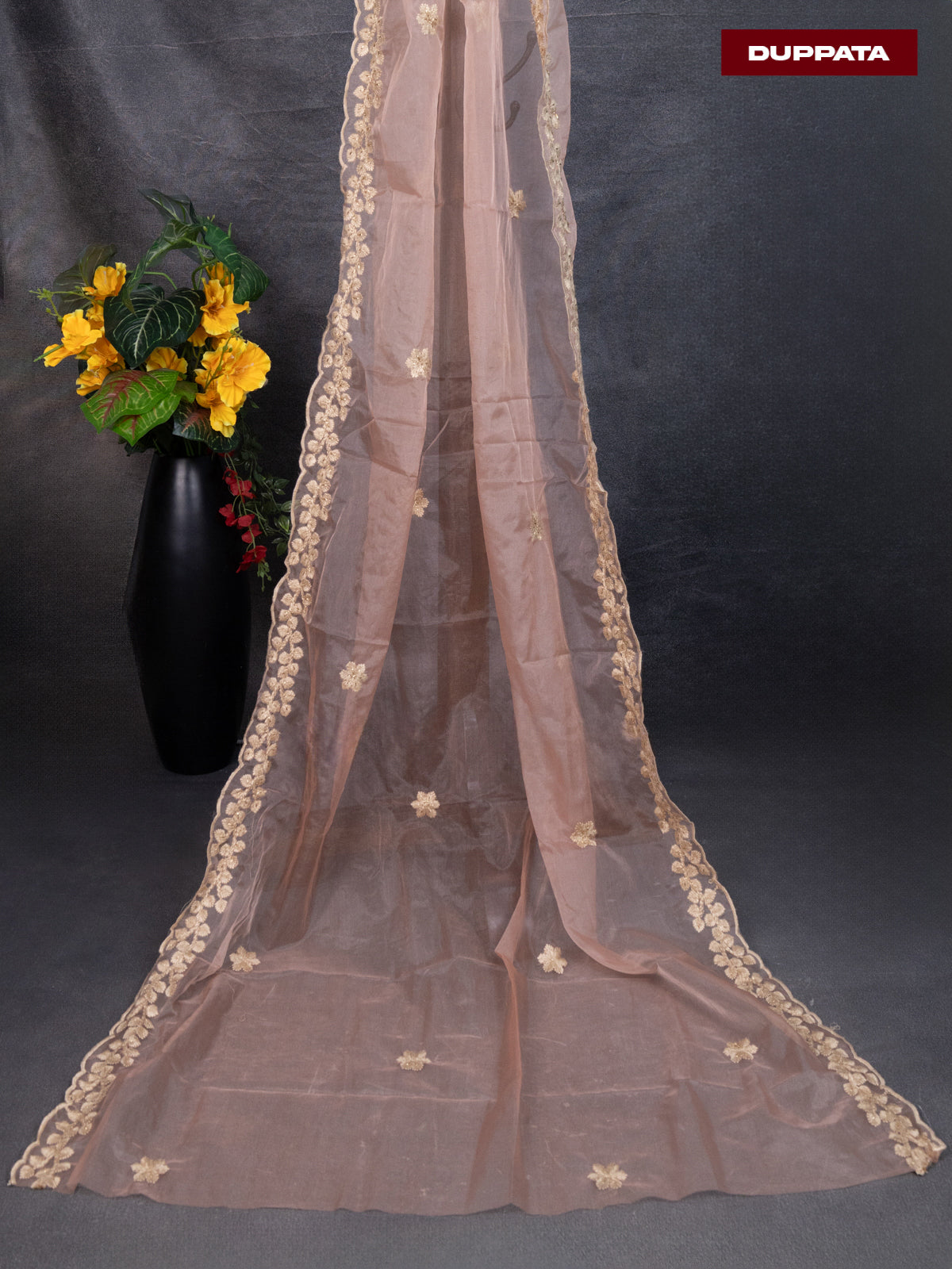 Chanderi dress material dark peach with allover paisley prints & embroidery work neck pattern and bottom & organza dupatta