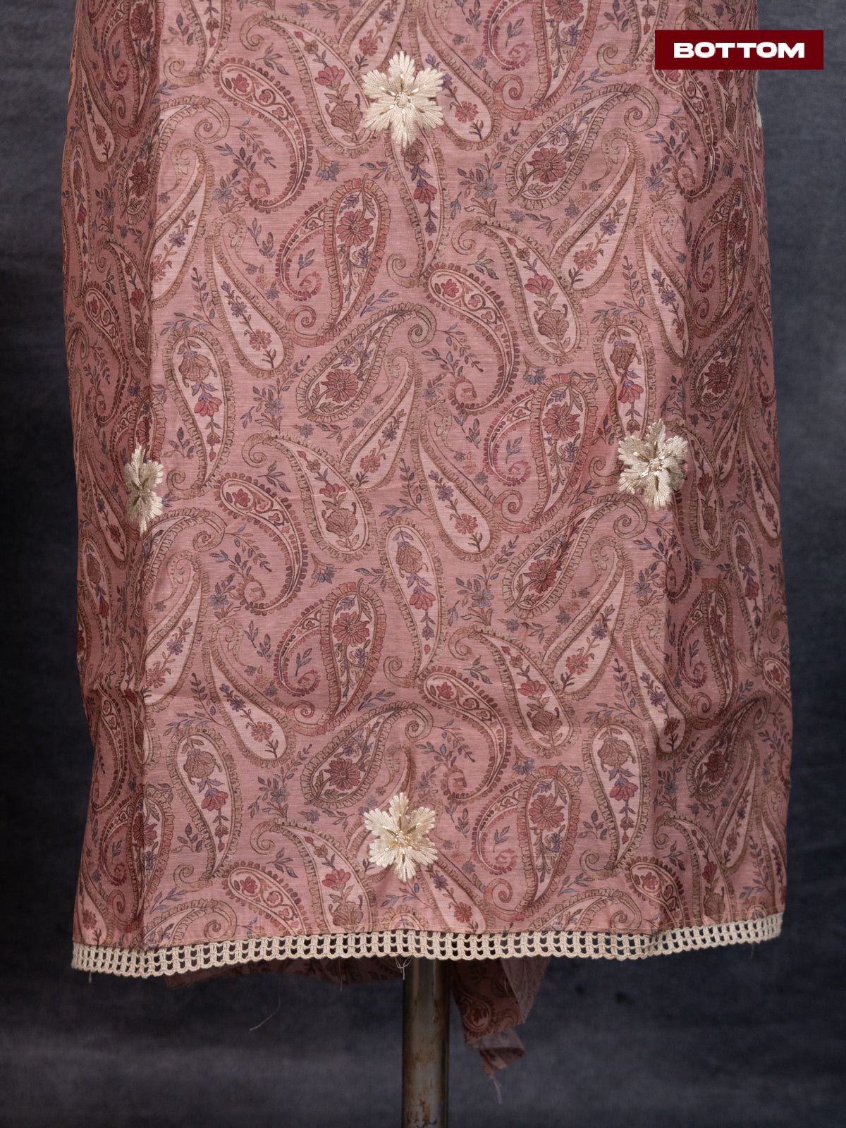 Chanderi dress material dark peach with allover paisley prints & embroidery work neck pattern and bottom & organza dupatta